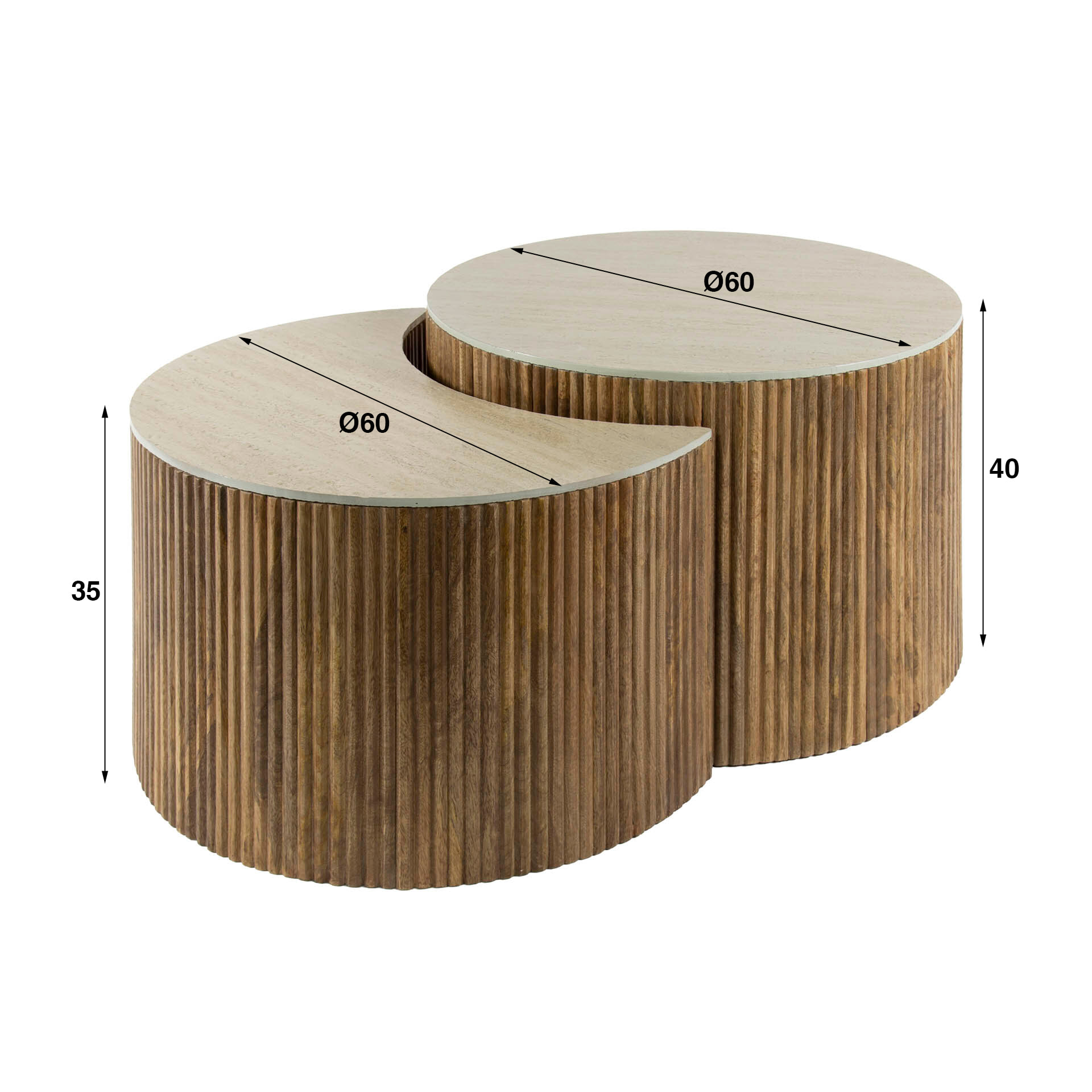 LifestyleFurn Halfronde Salontafel 'Beckie' Mangohout en Keramiek in Travertin-look, Set van 2 stuks