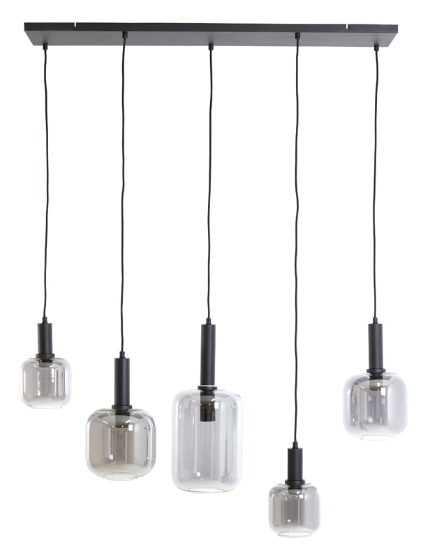 Light & Living Hanglamp 'Lekar' 5-Lamps, kleur Mat Zwart / Smoke