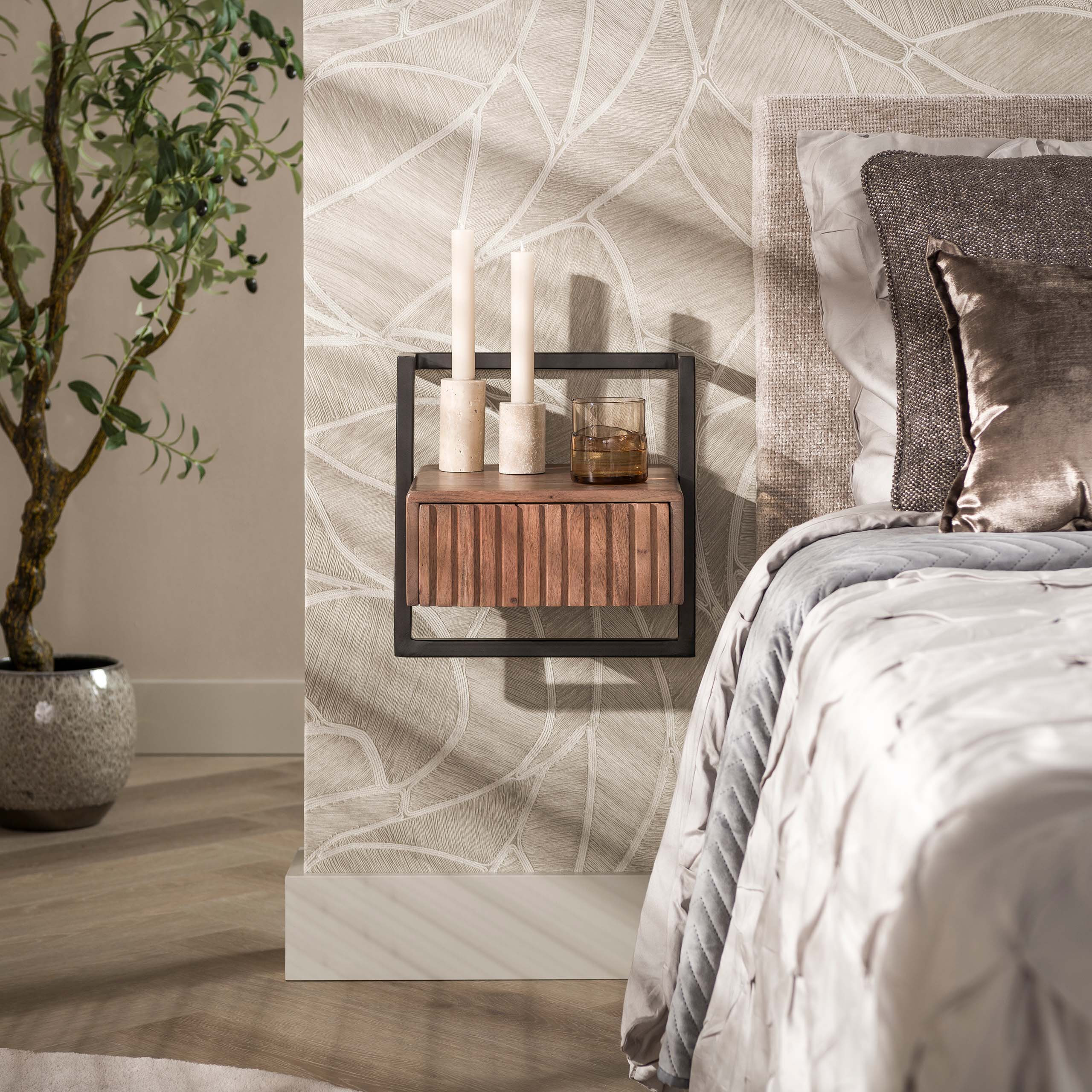LifestyleFurn Zwevend Nachtkastje Alania Met 1 lade, Acaciahout - Bruin