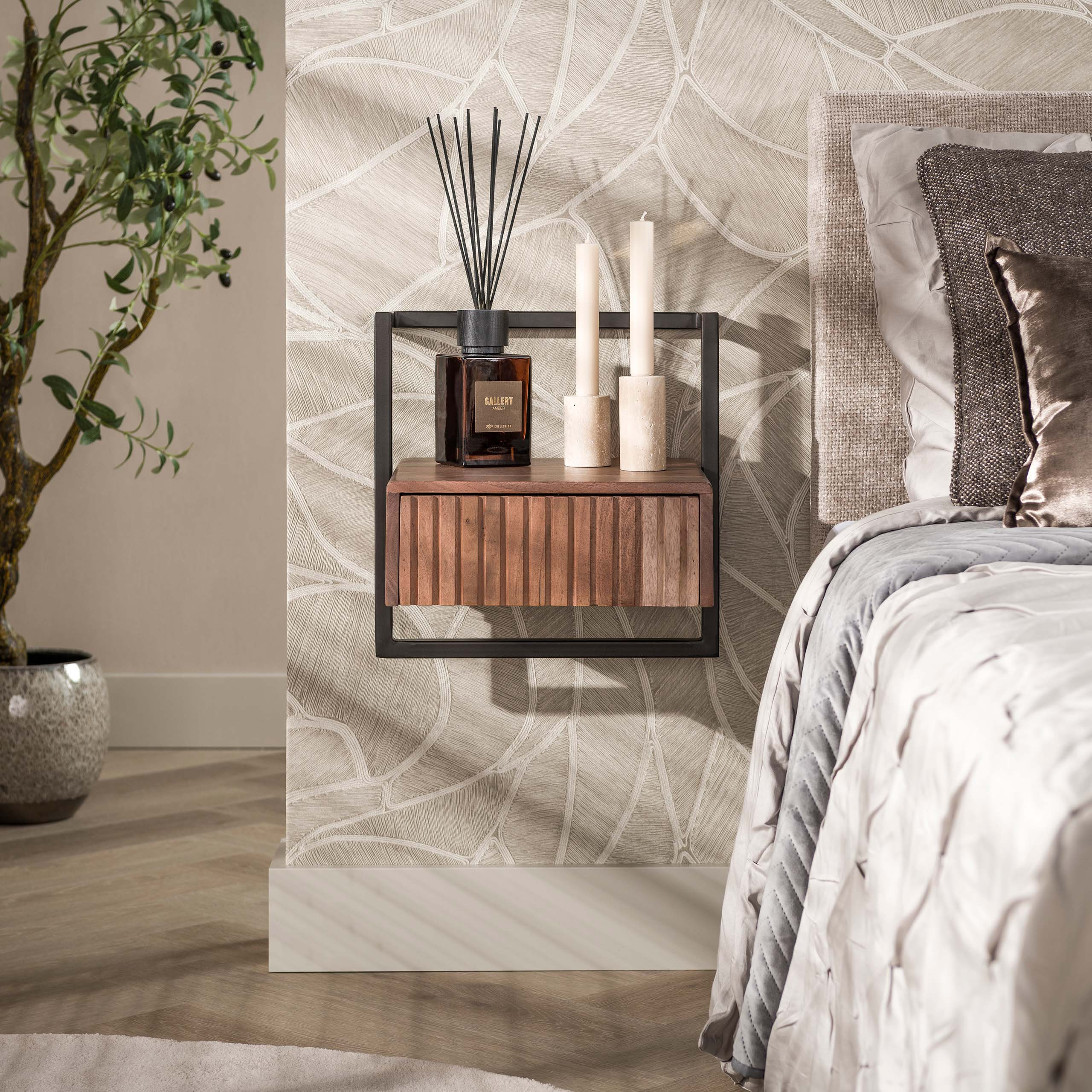 LifestyleFurn Zwevend Nachtkastje Alania Met 1 lade, Acaciahout - Bruin