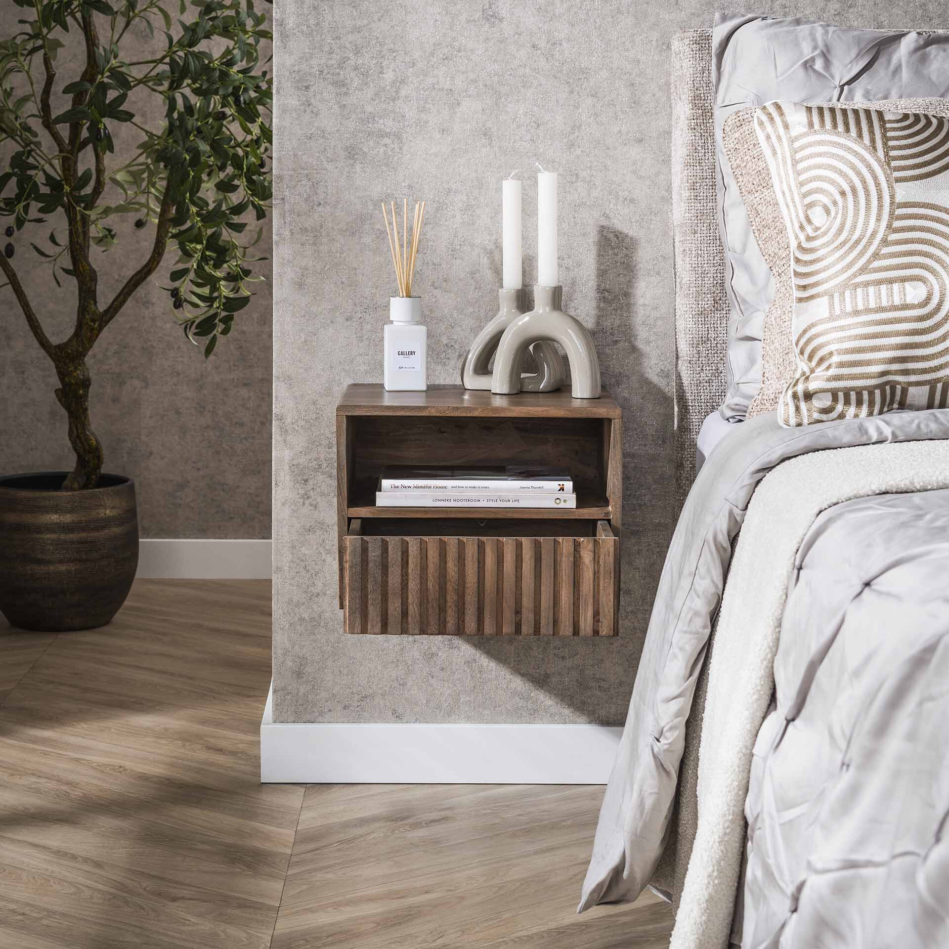 LifestyleFurn Zwevend Nachtkastje 'Alania' Met 1 lade en open vak, Acaciahout