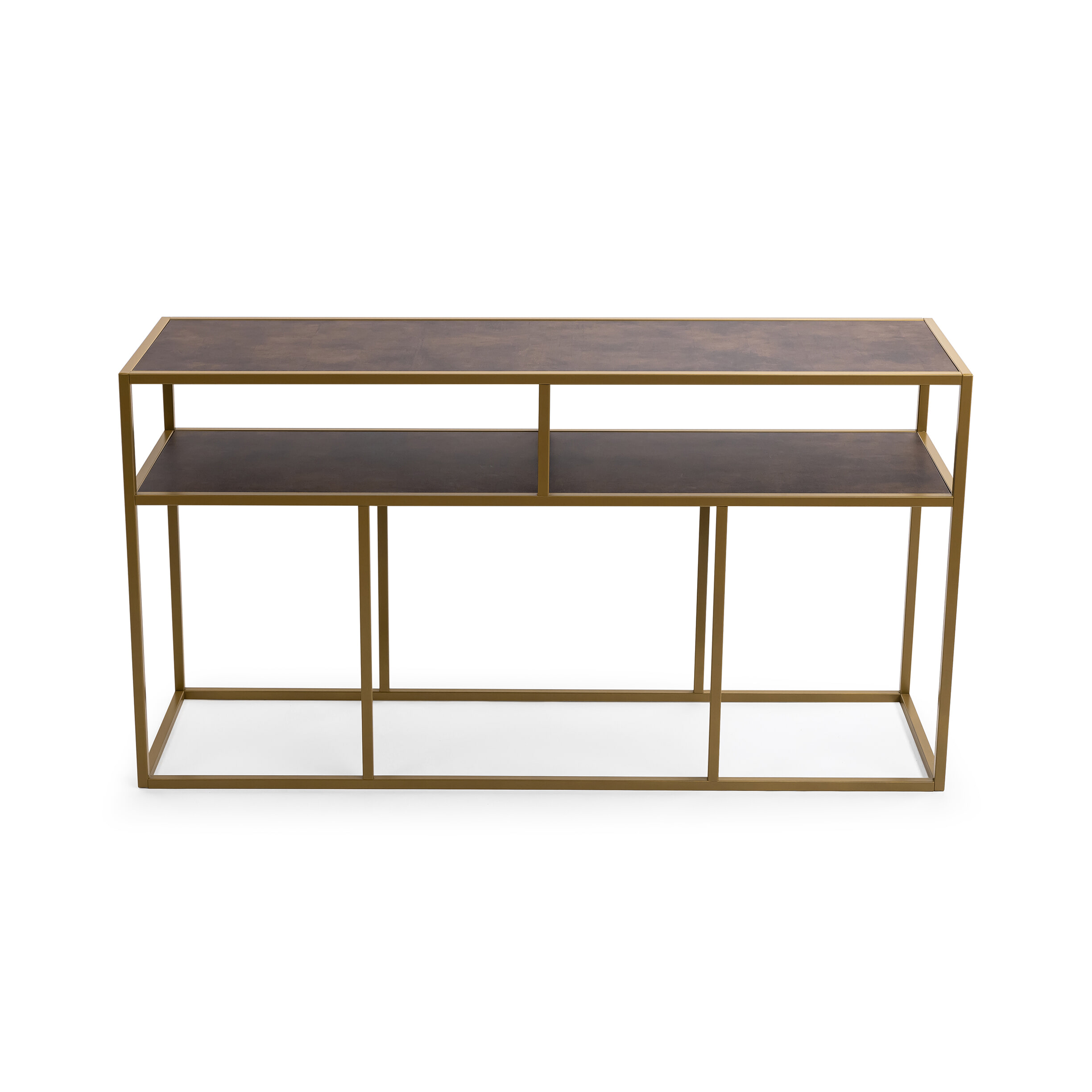 STALUX Side-table 'Teun' 150cm, kleur goud - lederlook bruin