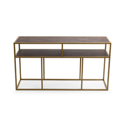 STALUX Side-table 'Teun' 150cm, kleur goud / lederlook bruin