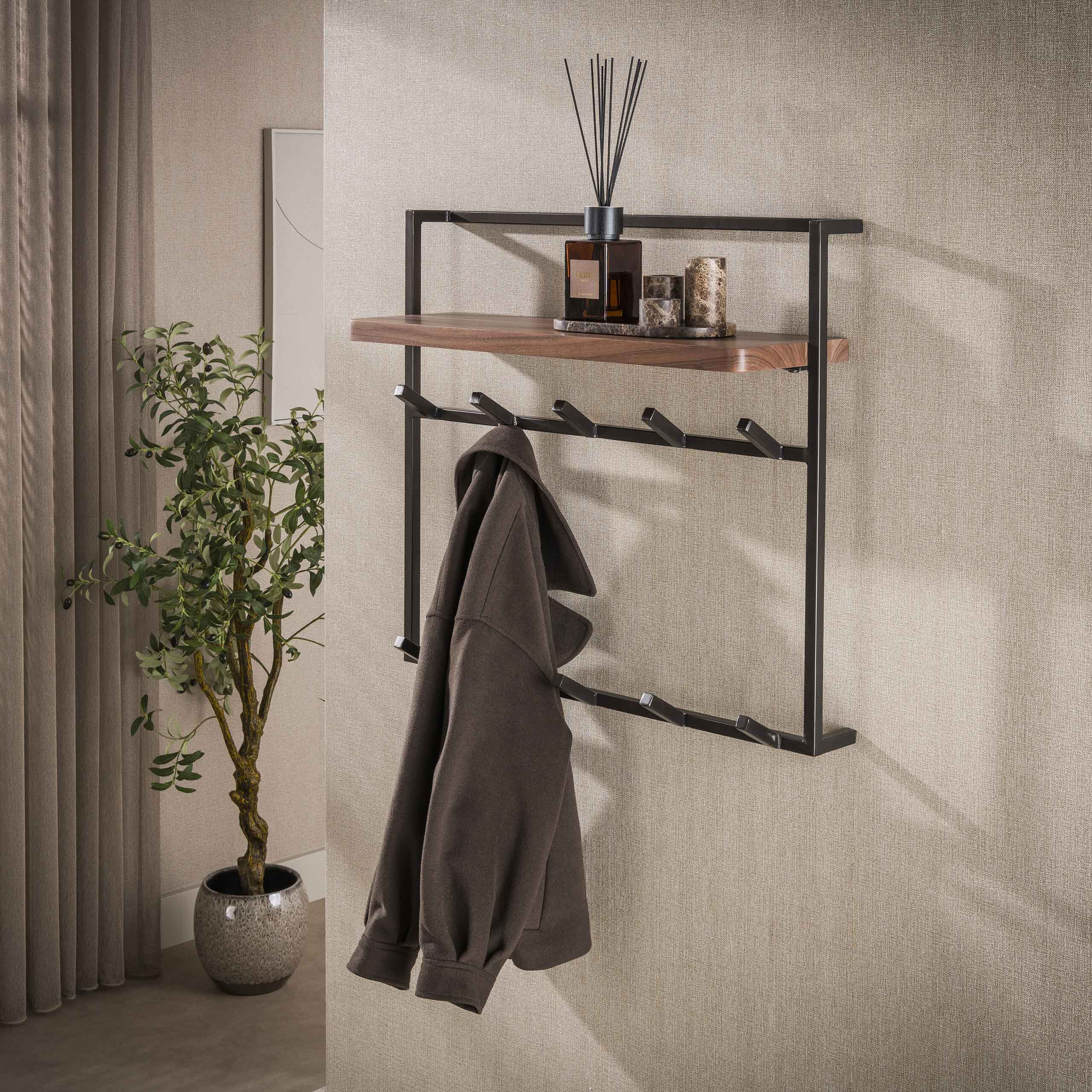 LifestyleFurn Kapstok Robertson Acaciahout, Met 10 haken en plank - Bruin