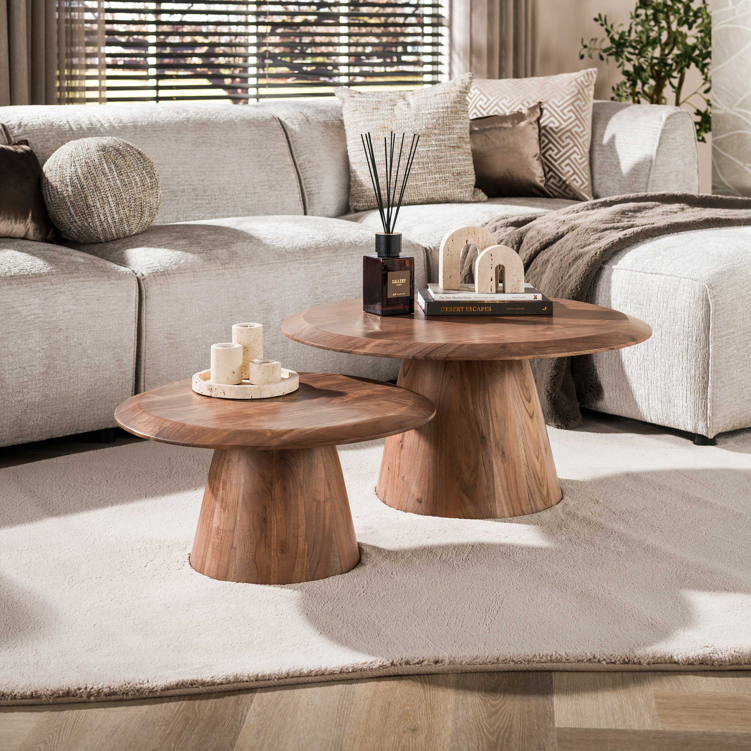 LifestyleFurn Ronde Salontafel Cardell Acaciahout, Set van 2 stuks - Bruin