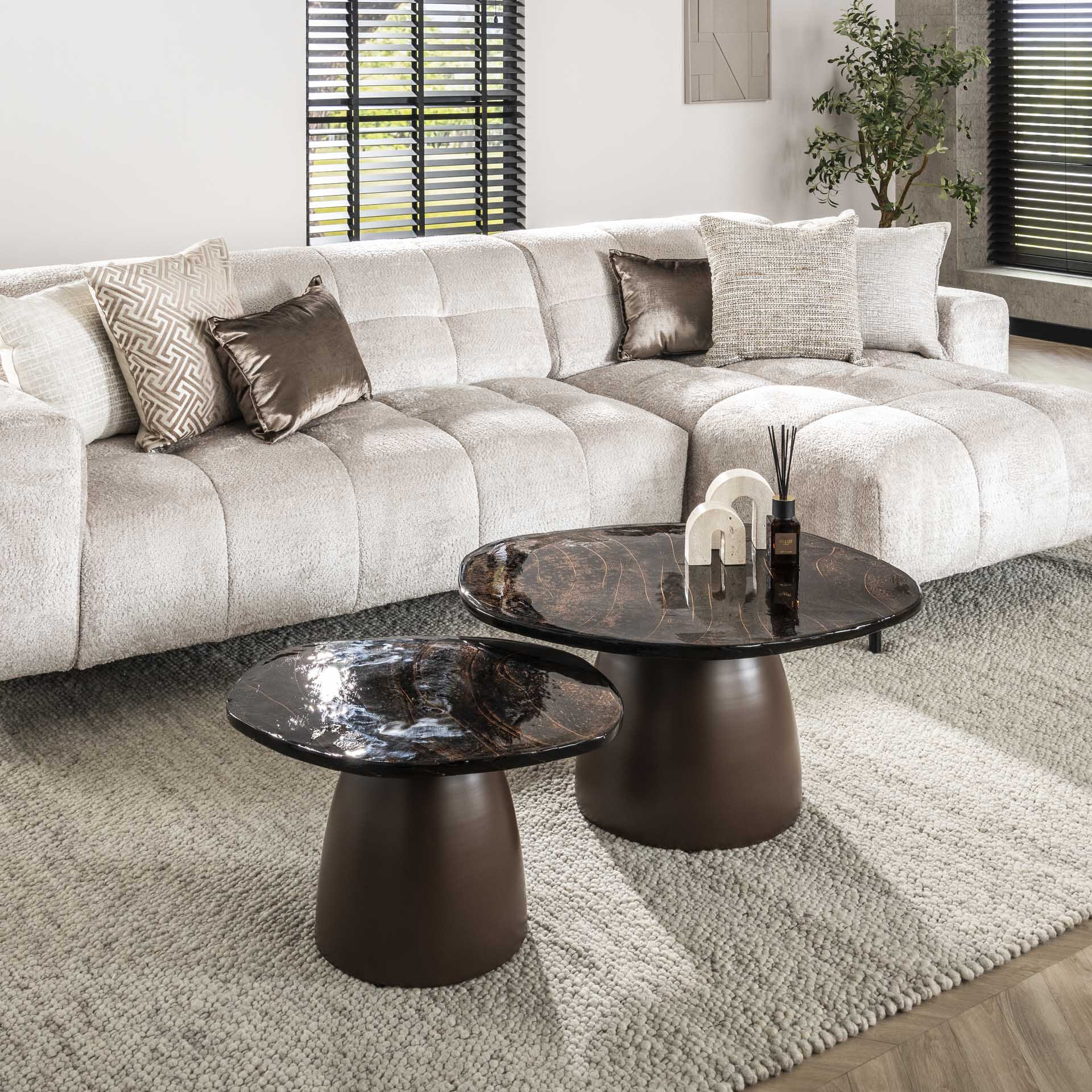 LifestyleFurn Organische Salontafel Cassidi Glas, Set van 2 stuks - Koper Antiek