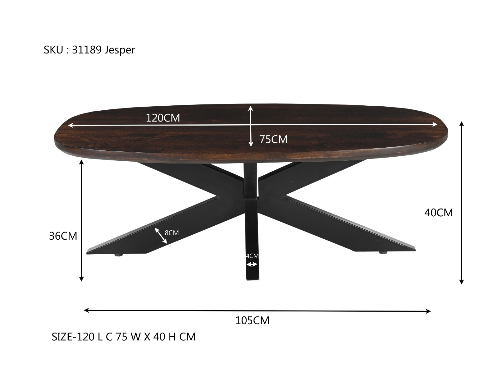 Livingfurn Deens ovale Salontafel 'Jesper' 120 x 75cm, kleur Donkerbruin