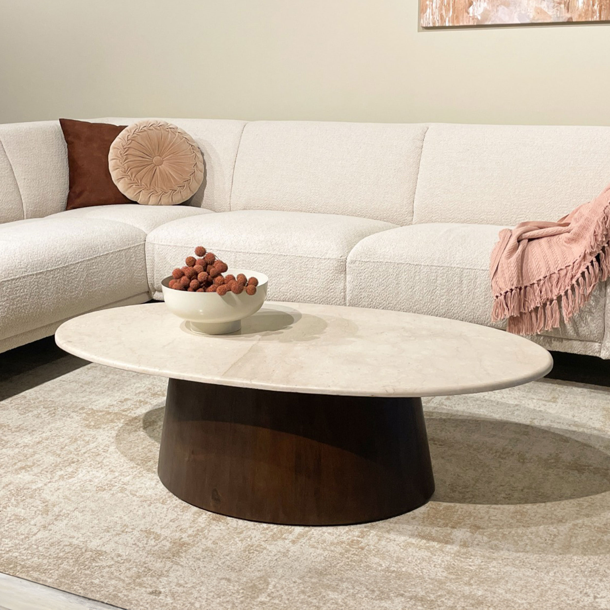 Brix Ovale Salontafel Bottecino Marmer en mangohout, 120 x 65cm - Beige - Ovaal