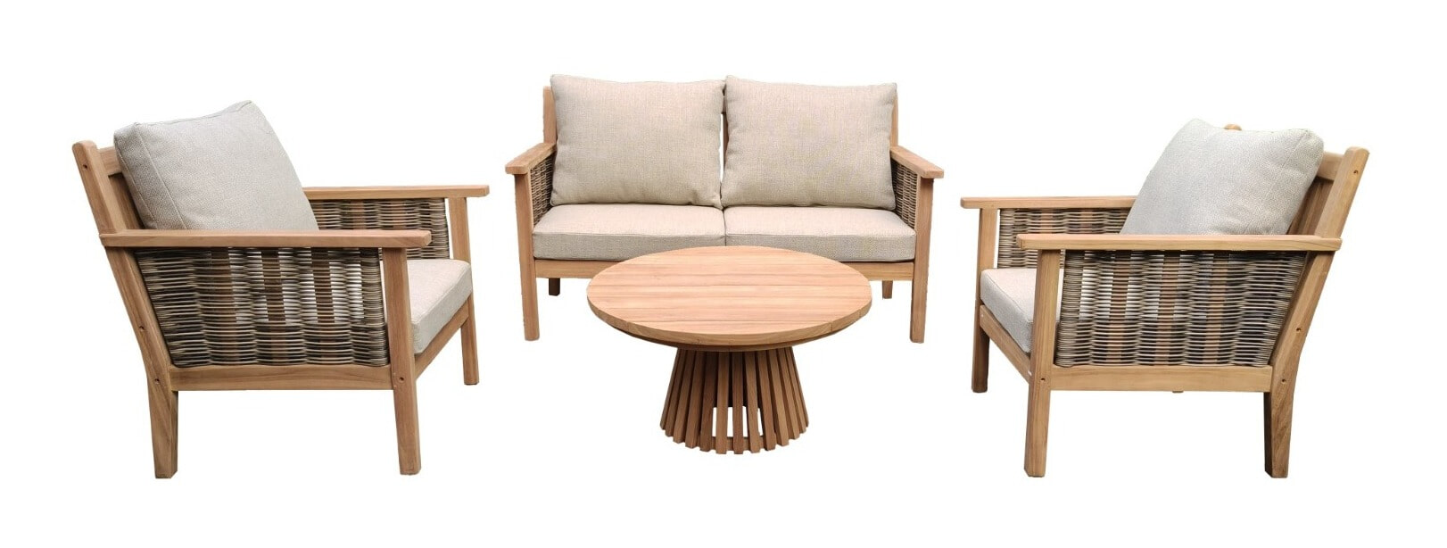 Livingfurn Loungeset Malaga Teakhout, Met bank, 2 stoelen en tafeltje - Naturel
