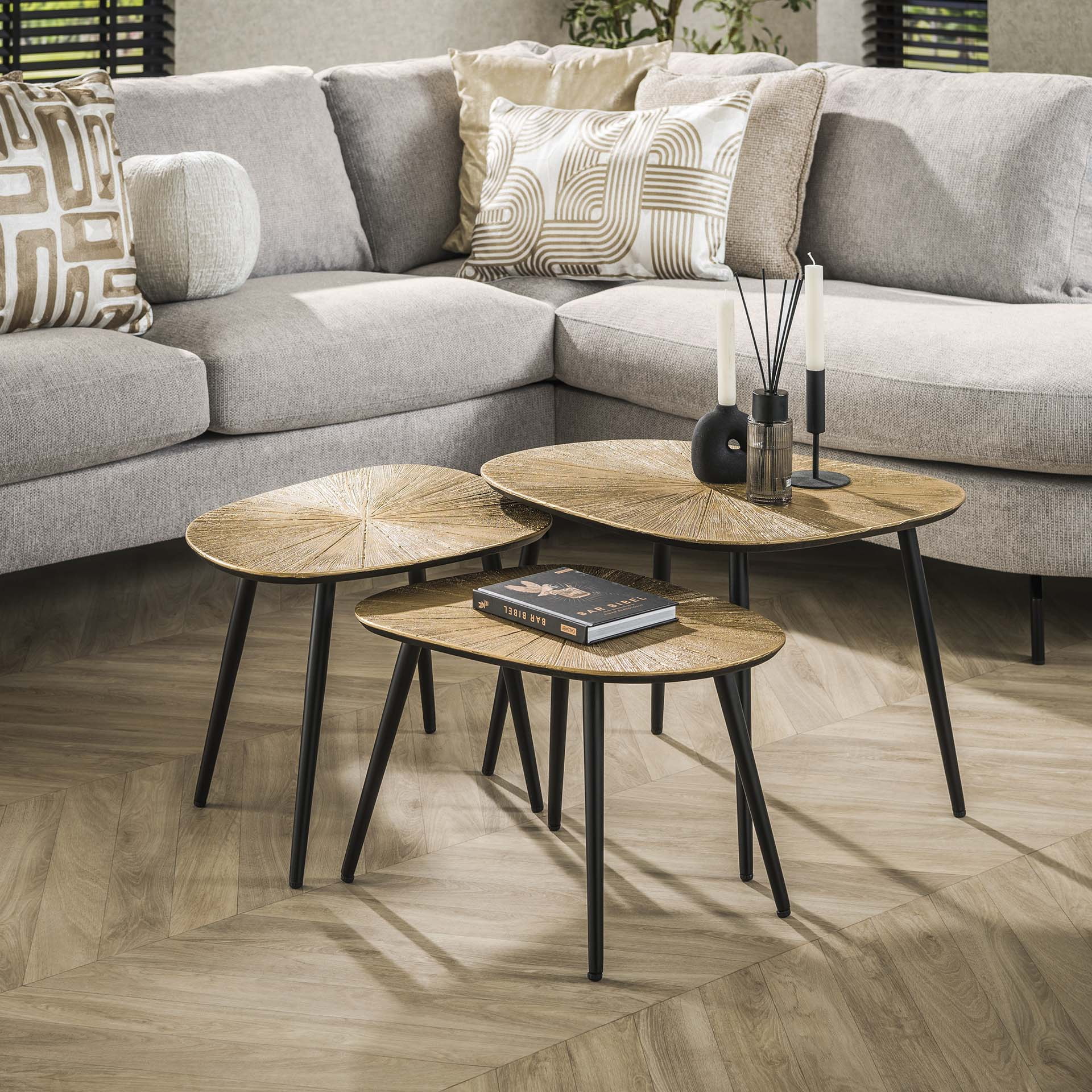 LifestyleFurn Organische Salontafel 'Katrell' Ray Metal, Set van 3 stuks