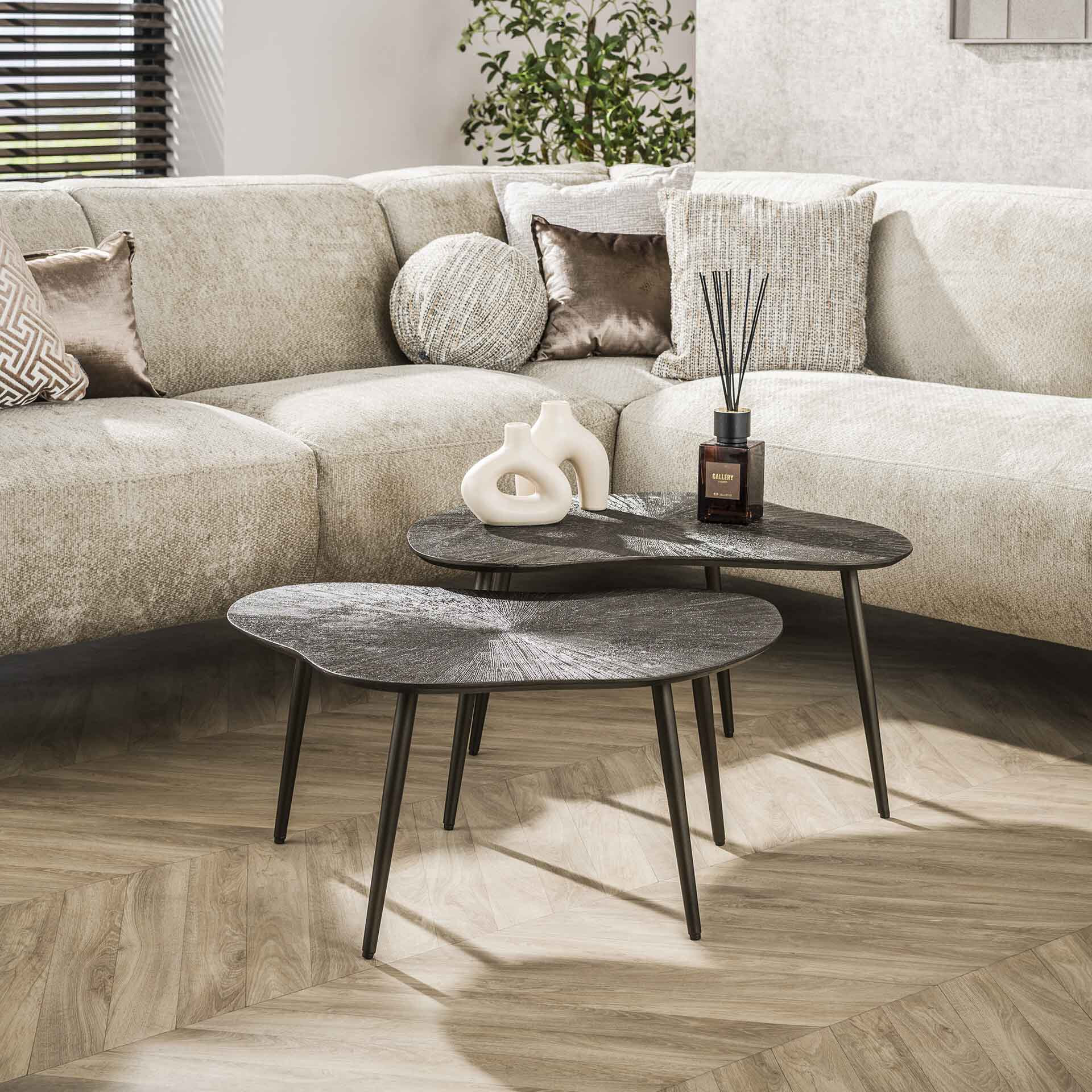 LifestyleFurn Organische Salontafel Teara Leaf Ray Metal finish, Set van 2 stuks - Brons donkerbruin