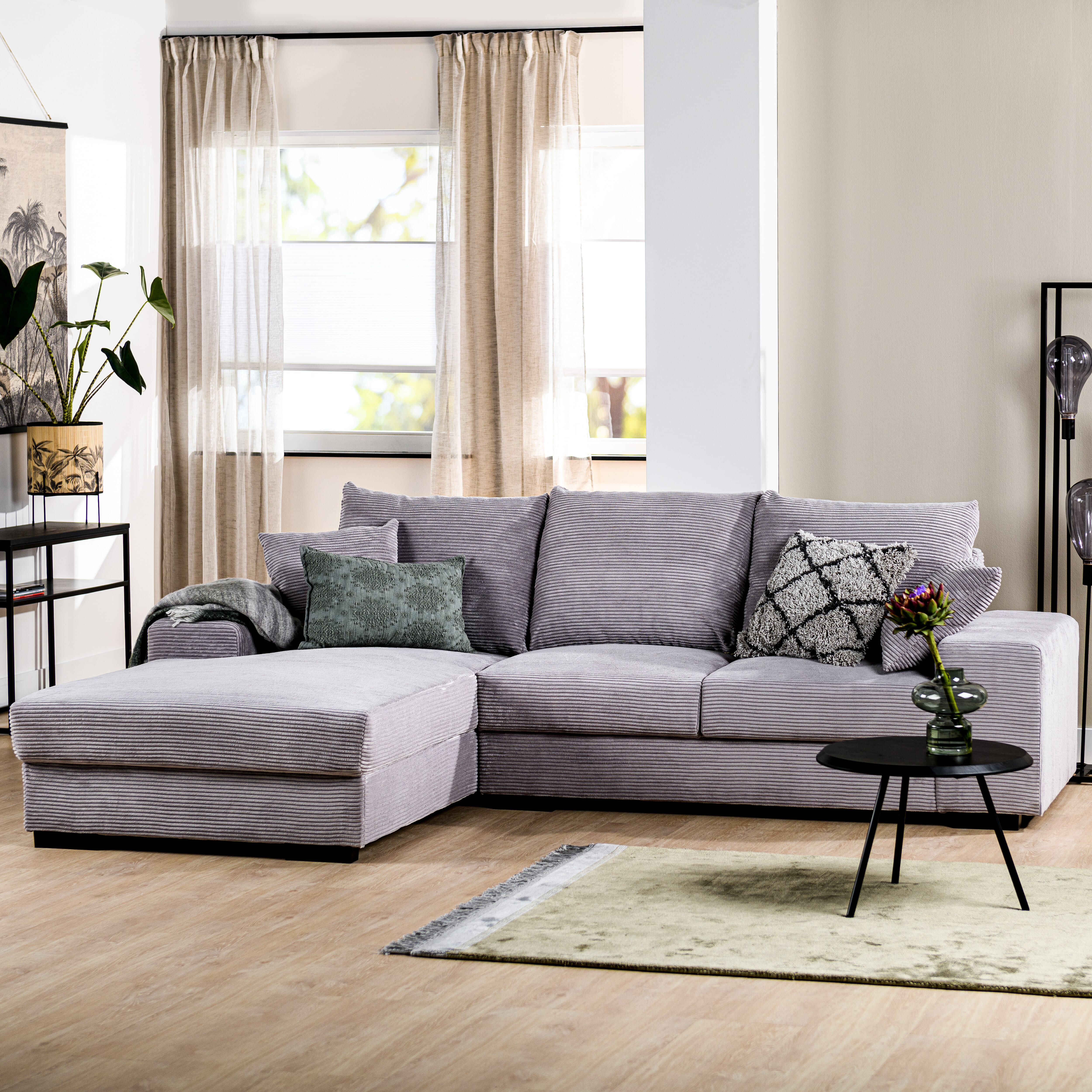 BASE 3-zits Loungebank 'Filou' Links, Rib, kleur Grijs