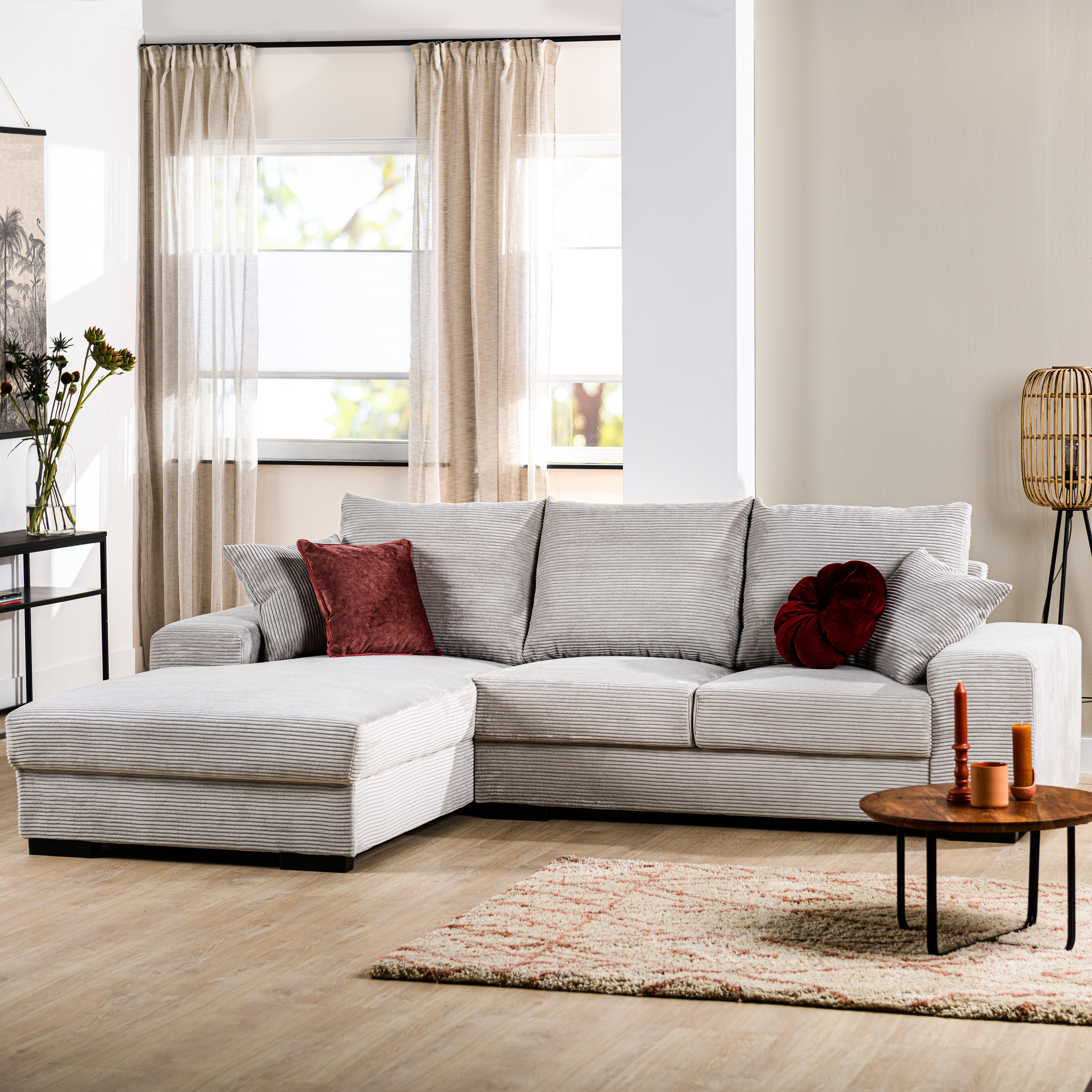 BASE 3-zits Loungebank 'Filou' Links, Rib, kleur Naturel