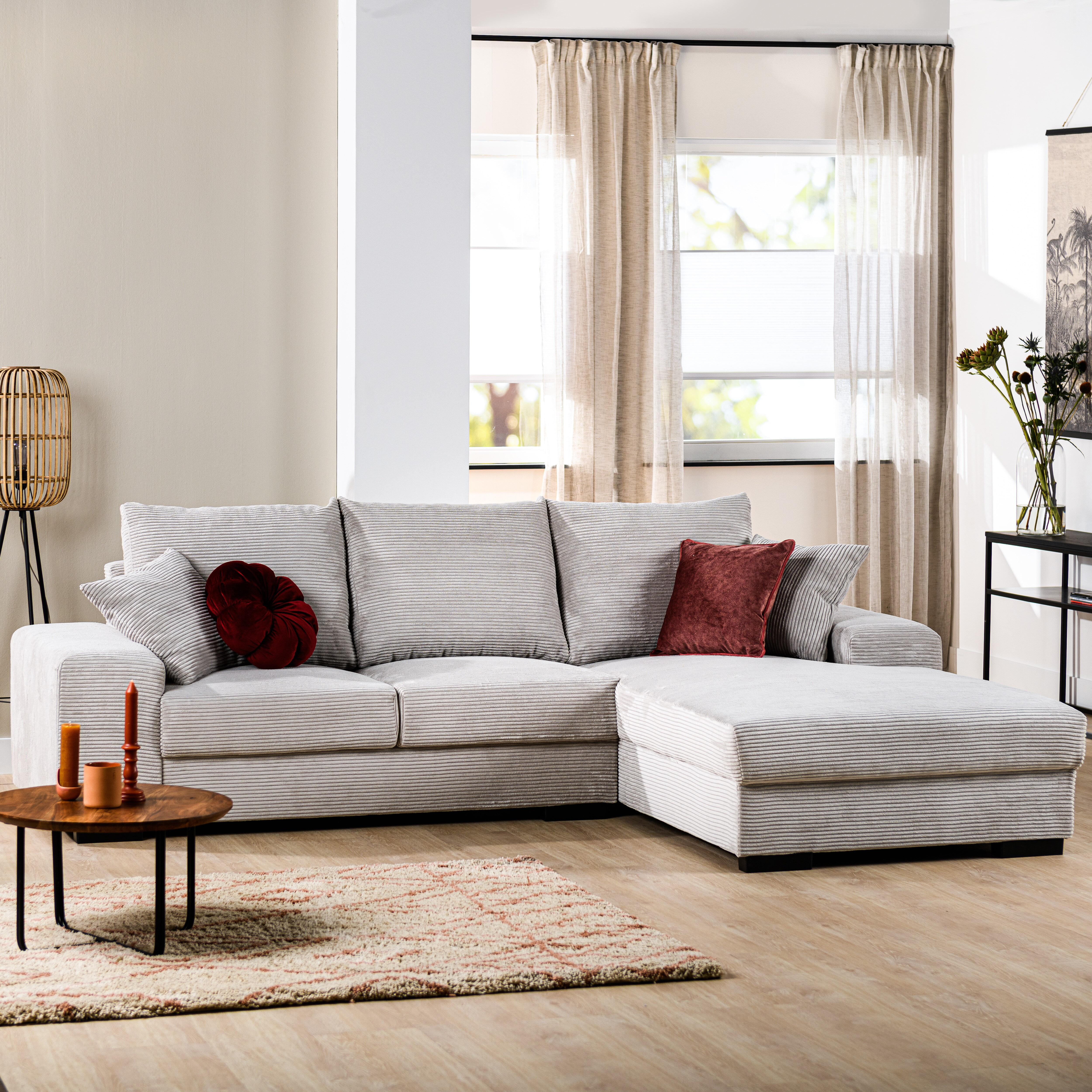 BASE 3-zits Loungebank 'Filou' Rechts, Rib, kleur Naturel