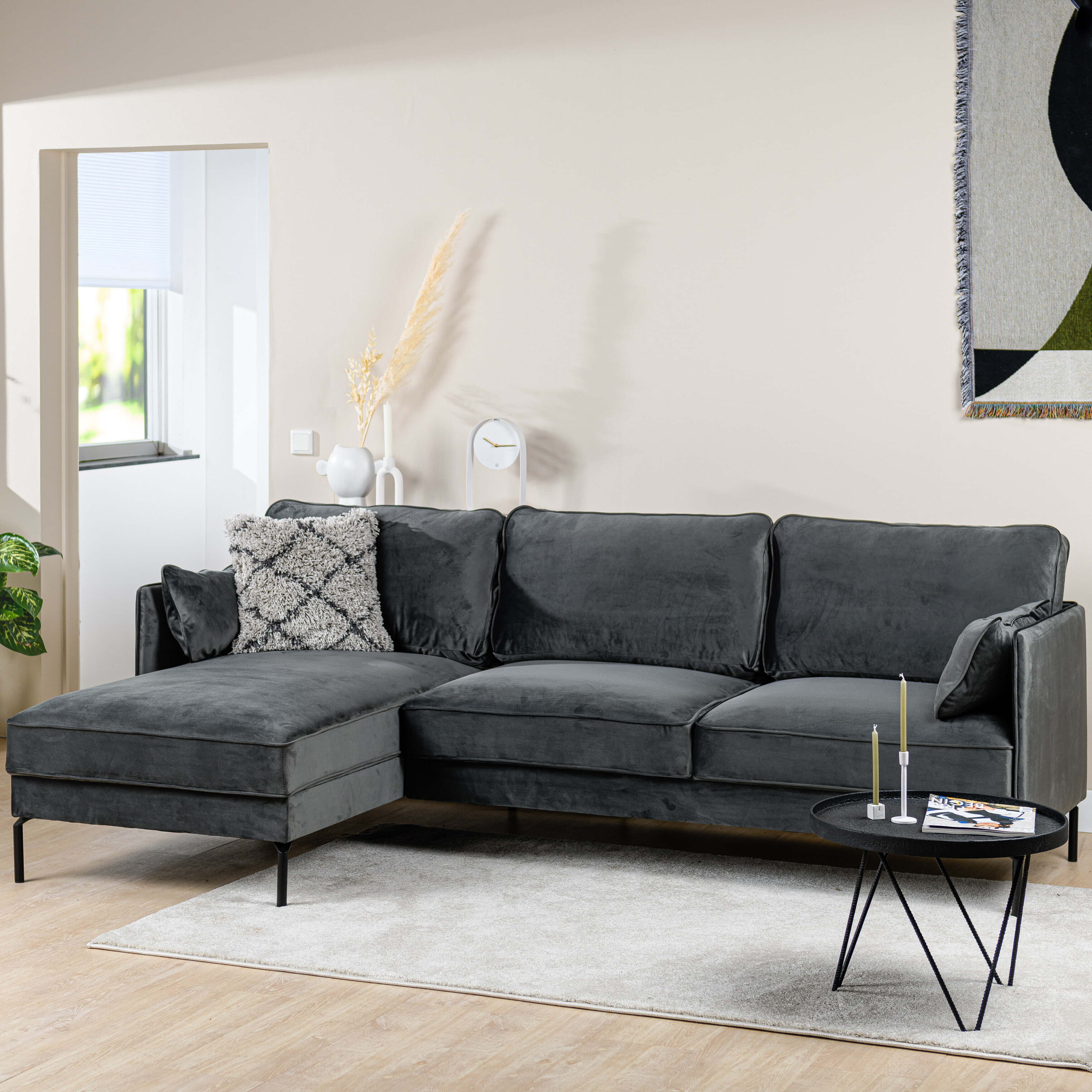 BASE 3-zits Loungebank 'Kimarni' Links, Velvet, kleur Donkergrijs