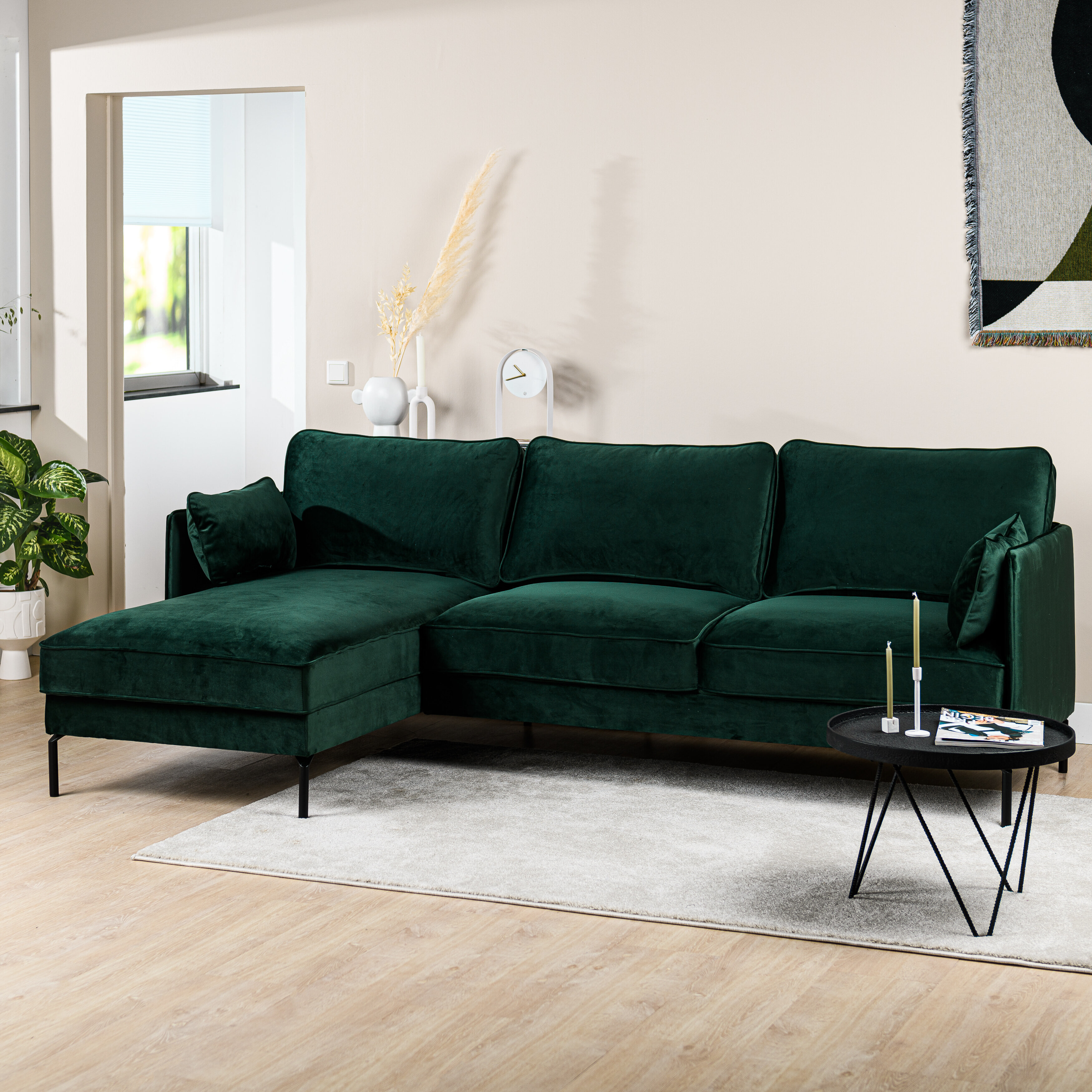 BASE 3-zits Loungebank 'Kimarni' Links, Velvet, kleur Groen