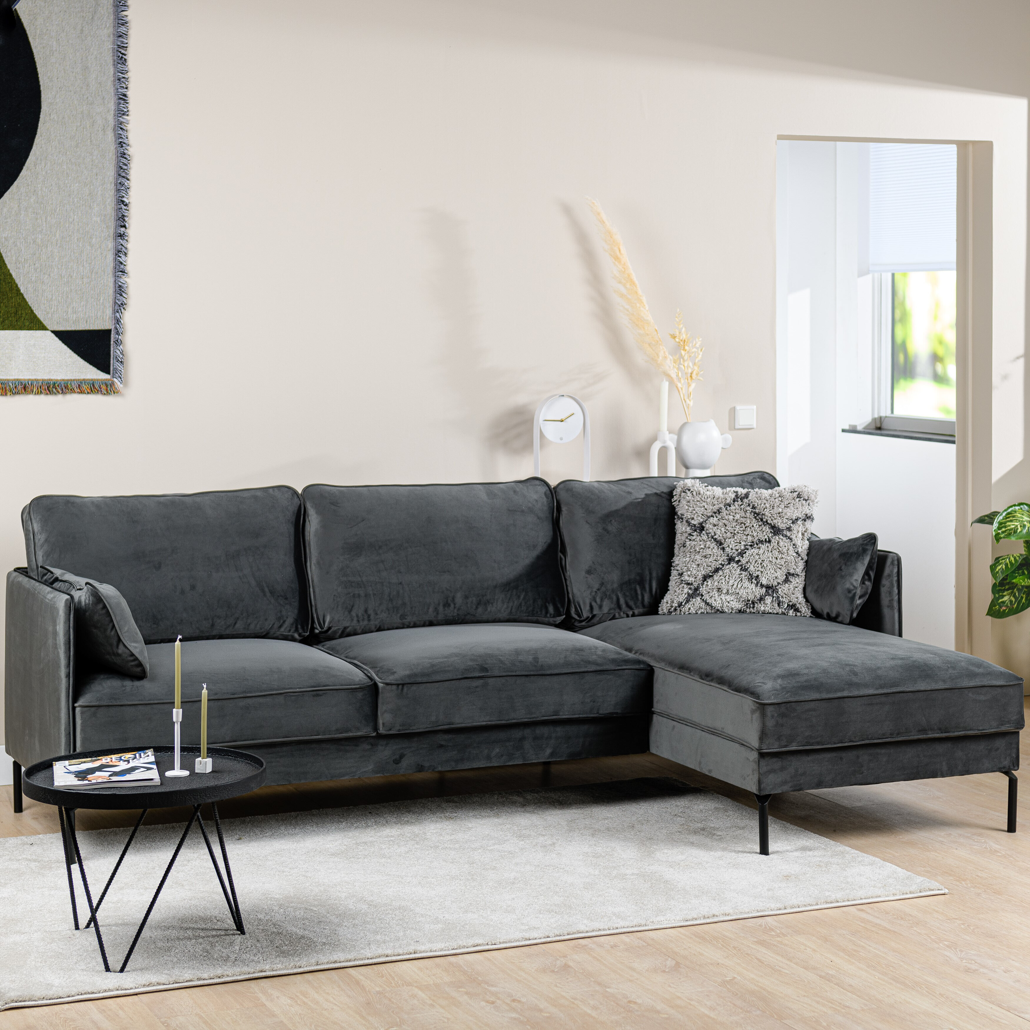 BASE 3-zits Loungebank 'Kimarni' Rechts, Velvet, kleur Donkergrijs