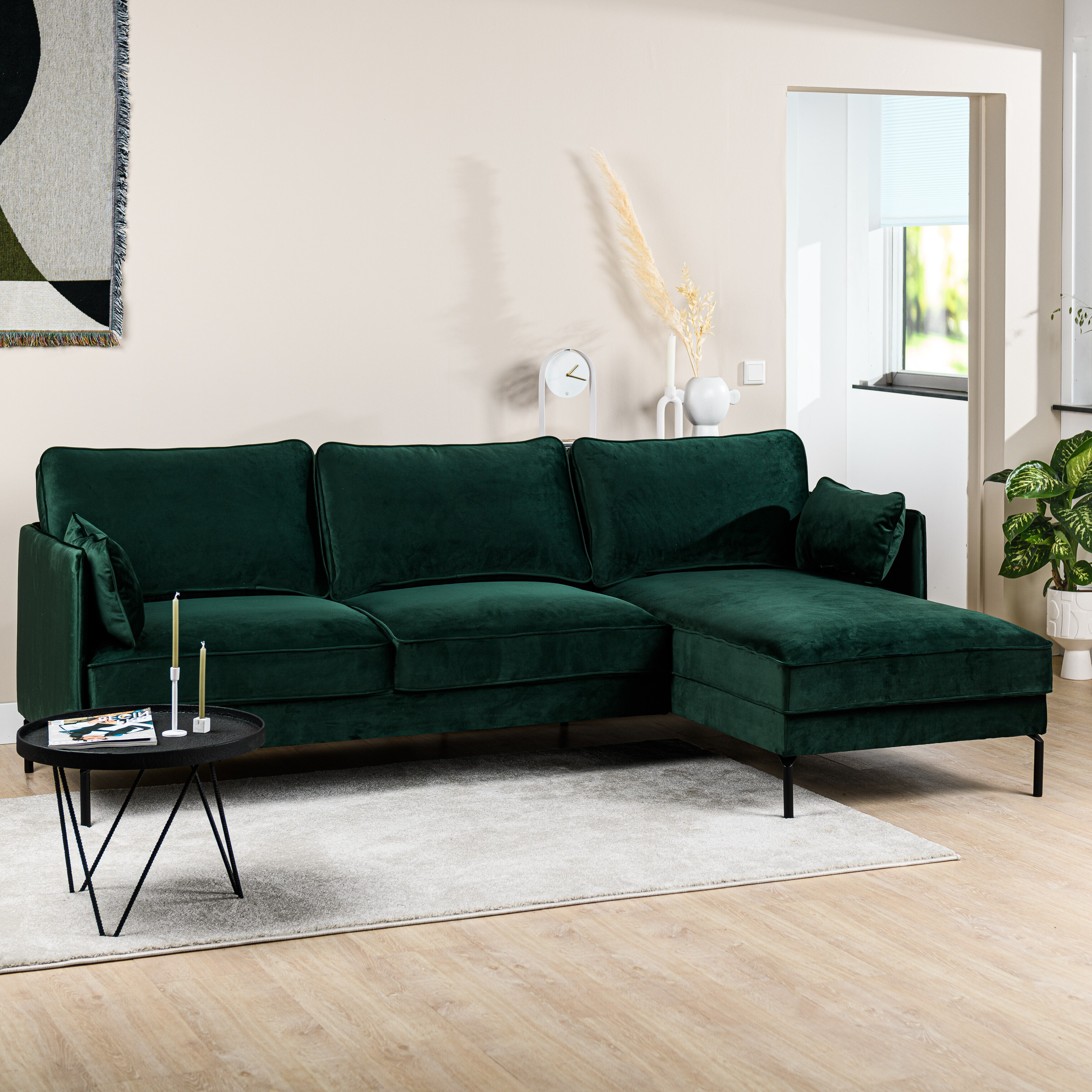 BASE 3-zits Loungebank 'Kimarni' Rechts, Velvet, kleur Groen