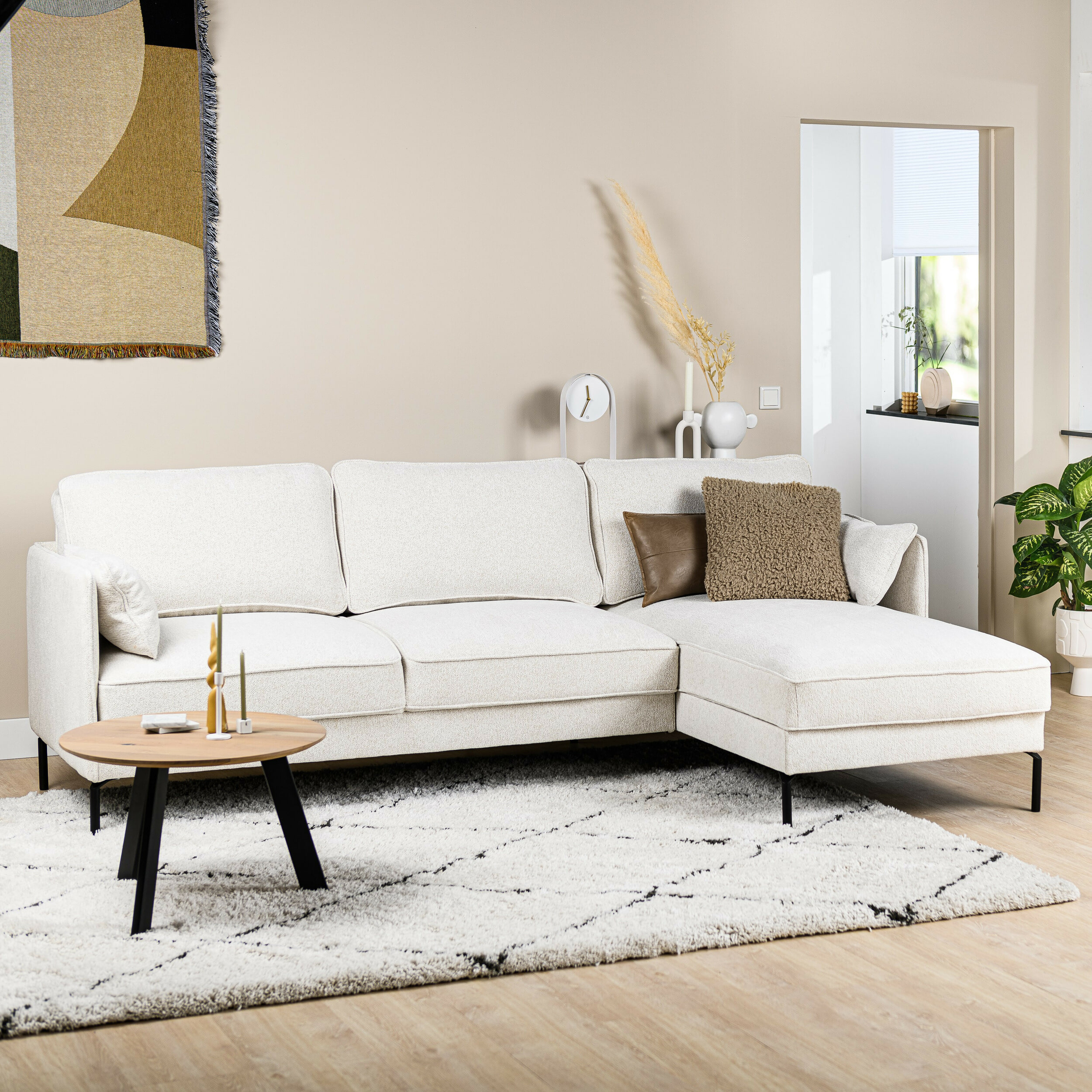 BASE 3-zits Loungebank 'Jovanny' Rechts, Chenille, kleur Naturel