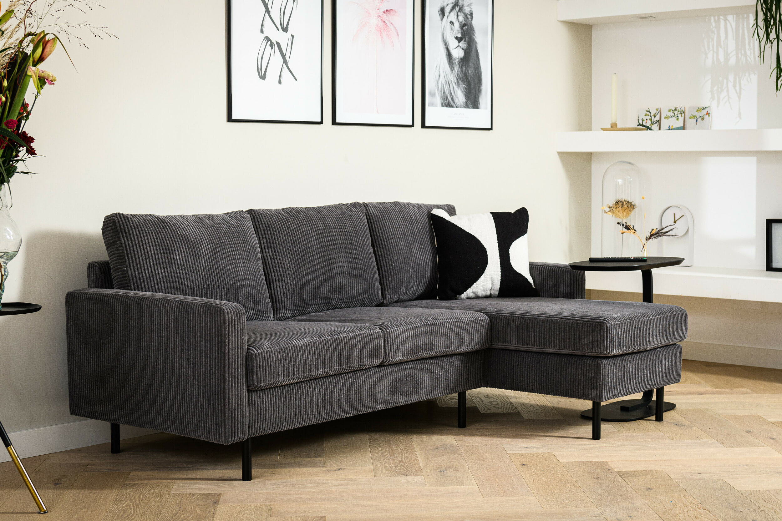 BASE 3-zits Loungebank 'Anne' Links/Rechts, Rib, kleur Antraciet