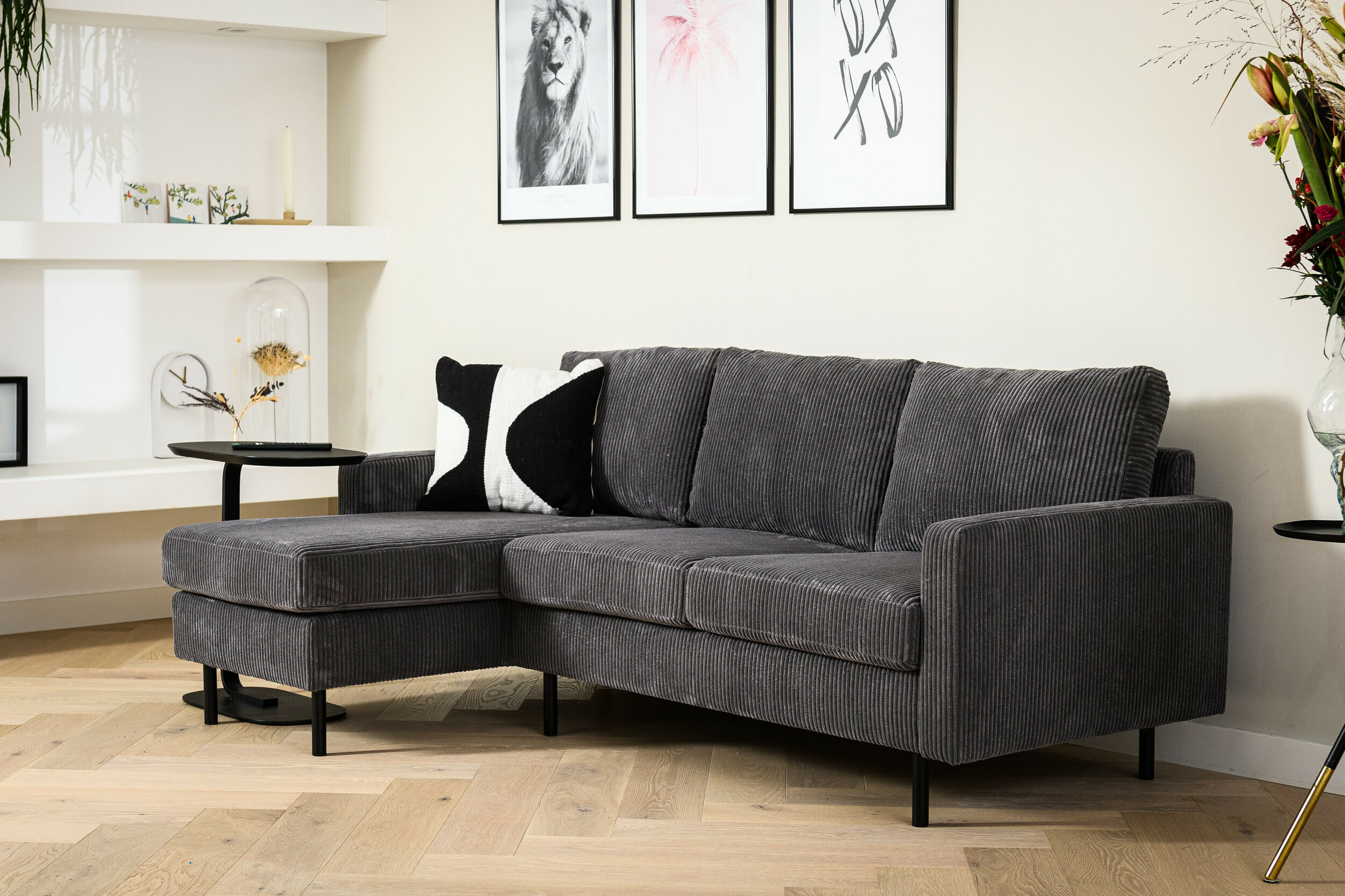 BASE 3-zits Loungebank 'Anne' Links/Rechts, Rib, kleur Antraciet