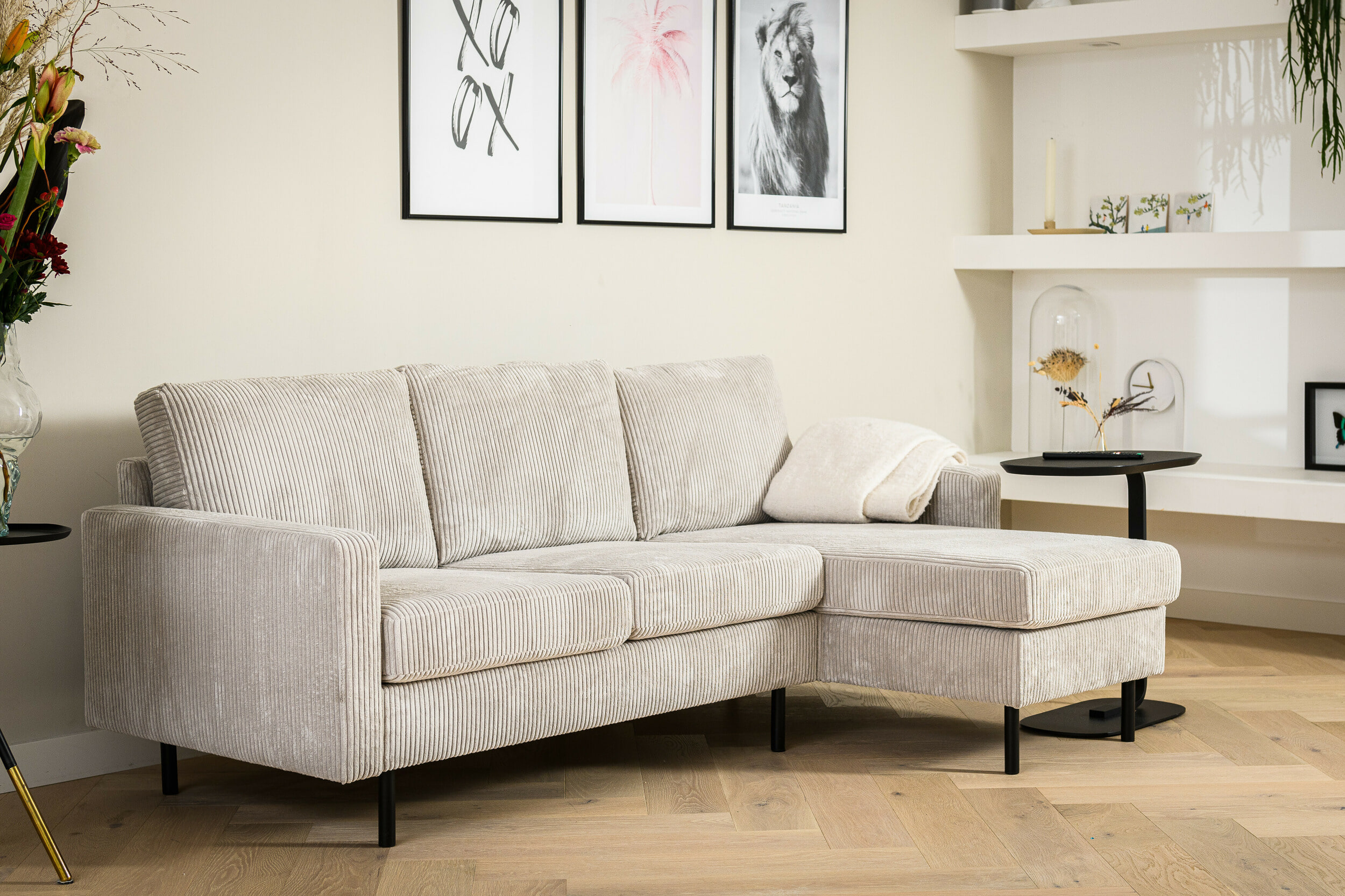BASE 3-zits Loungebank 'Anne' Links/Rechts, Rib, kleur Naturel