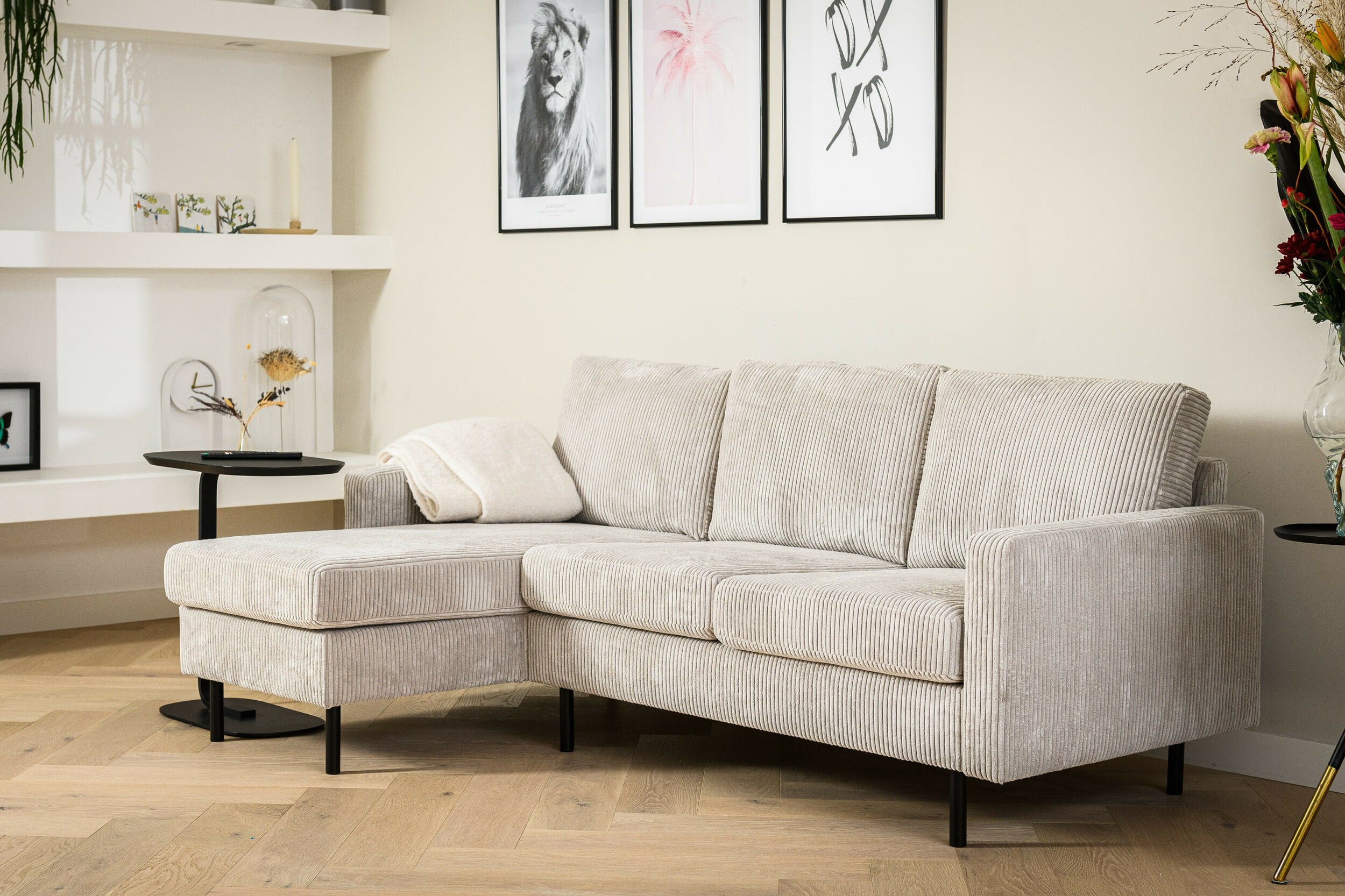 BASE 3-zits Loungebank 'Anne' Links/Rechts, Rib, kleur Naturel