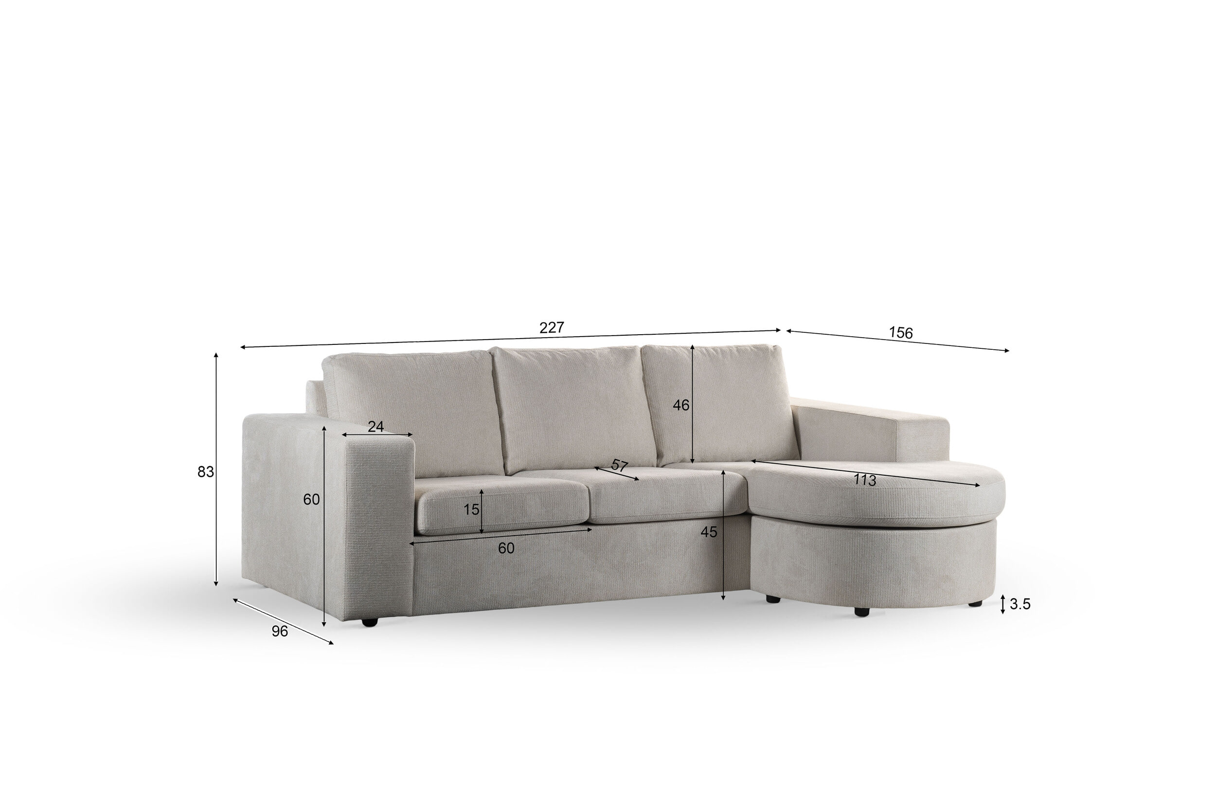 BASE 3-zits Loungebank 'Mats' Links/Rechts, Geweven, kleur Beige