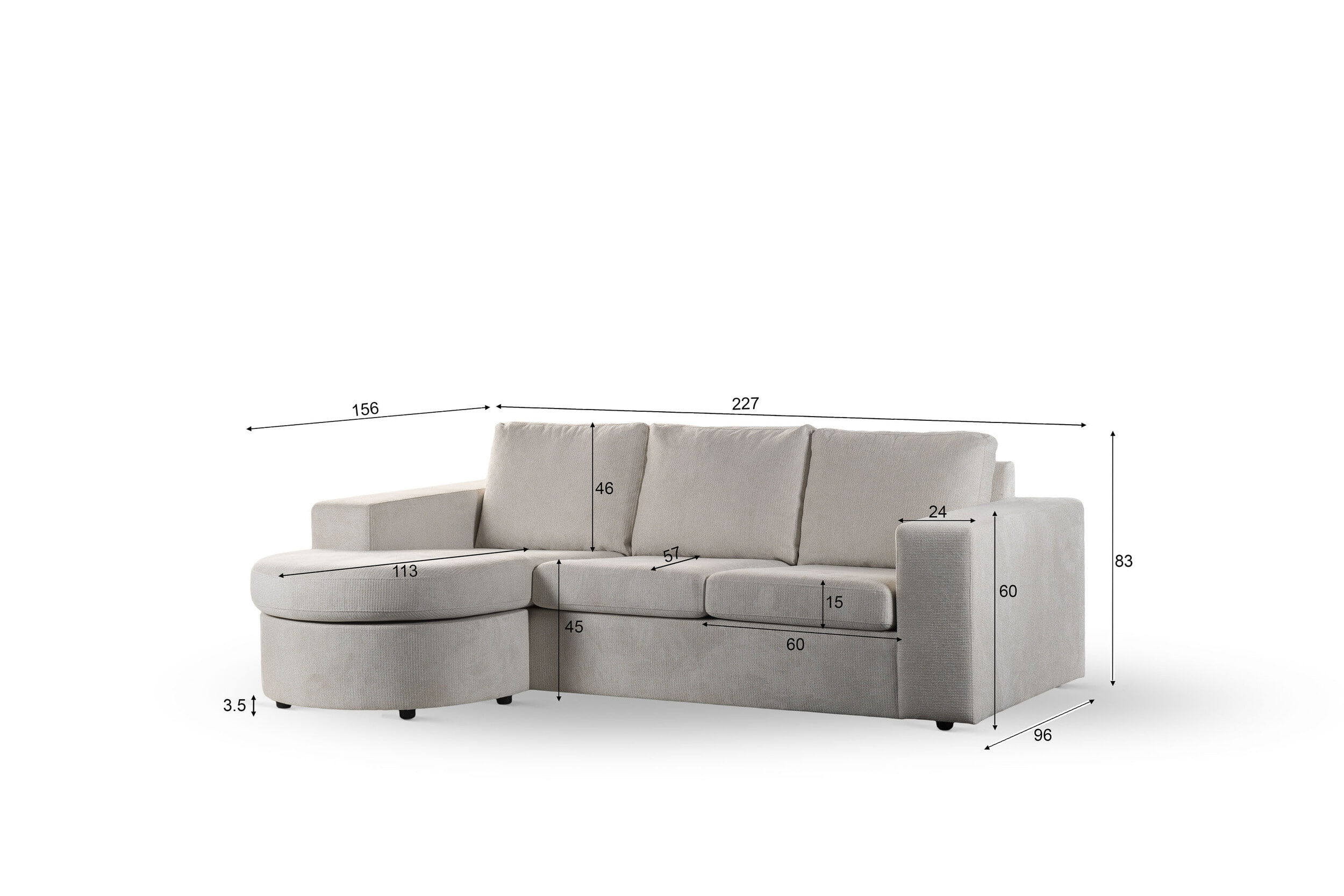 BASE 3-zits Loungebank 'Mats' Links/Rechts, Geweven, kleur Beige