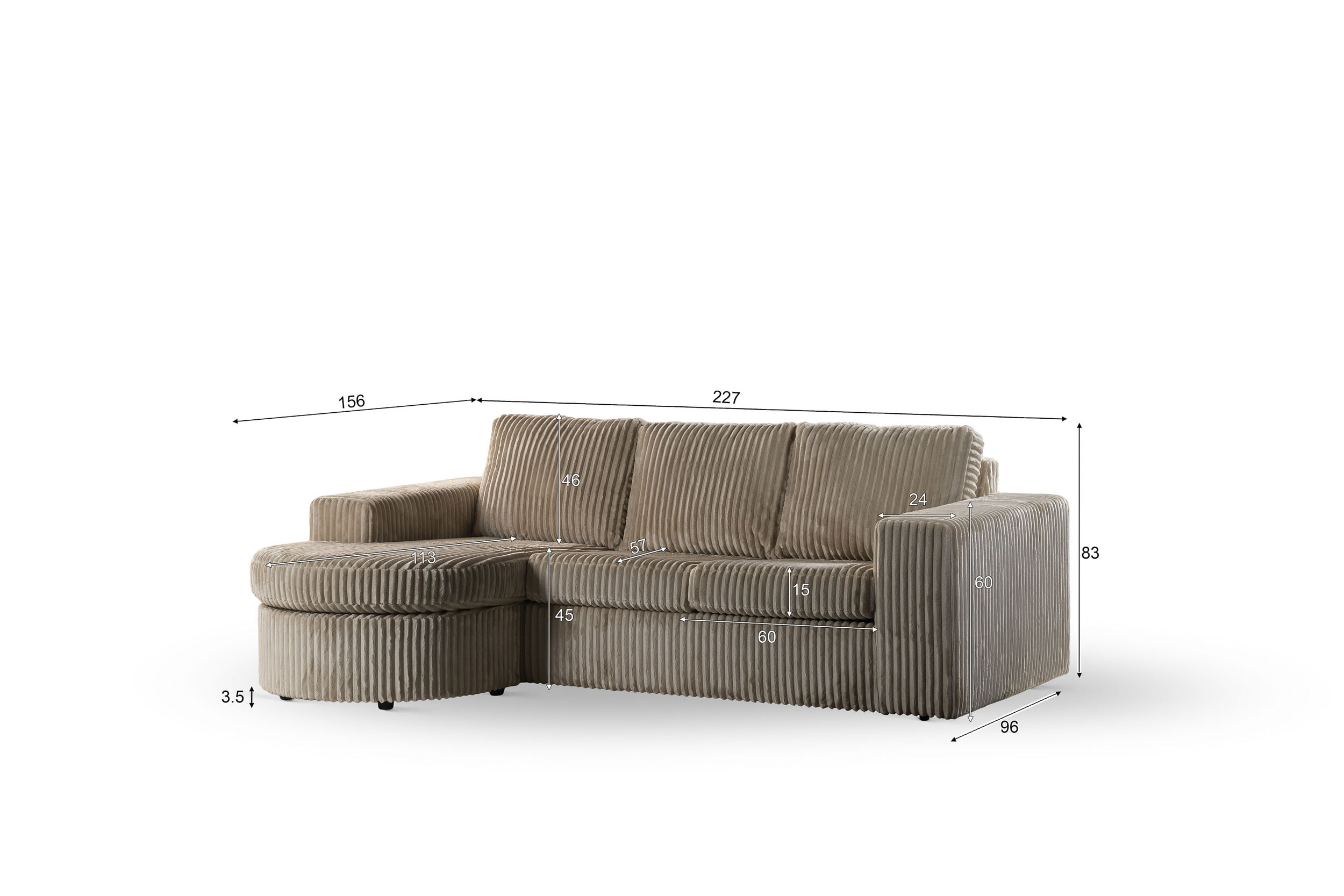 BASE 3-zits Loungebank 'Mats' Links/Rechts, Rib, kleur Beige