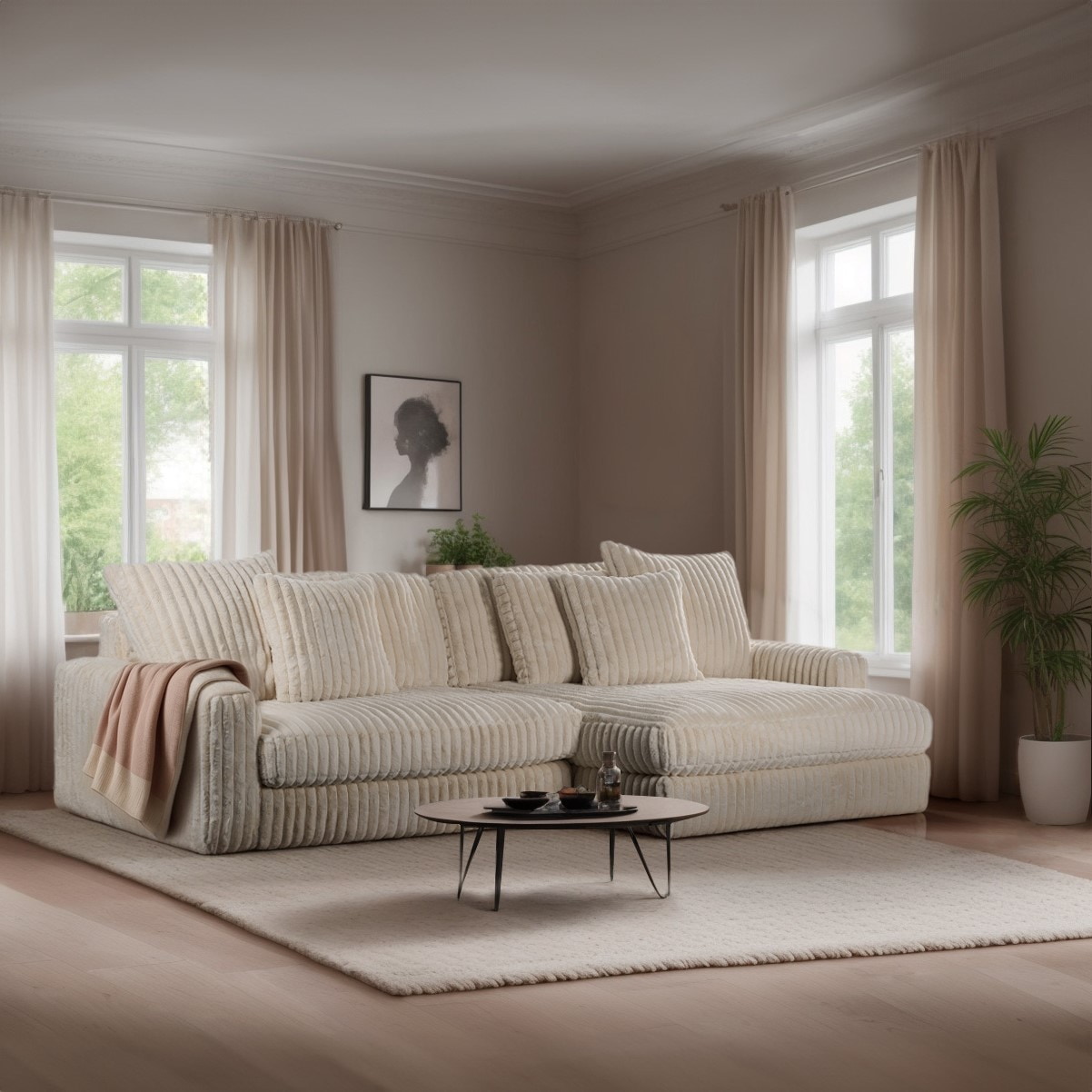 BASE 3-zits Loungebank 'Leesa' Links/Rechts, Rib, kleur Beige