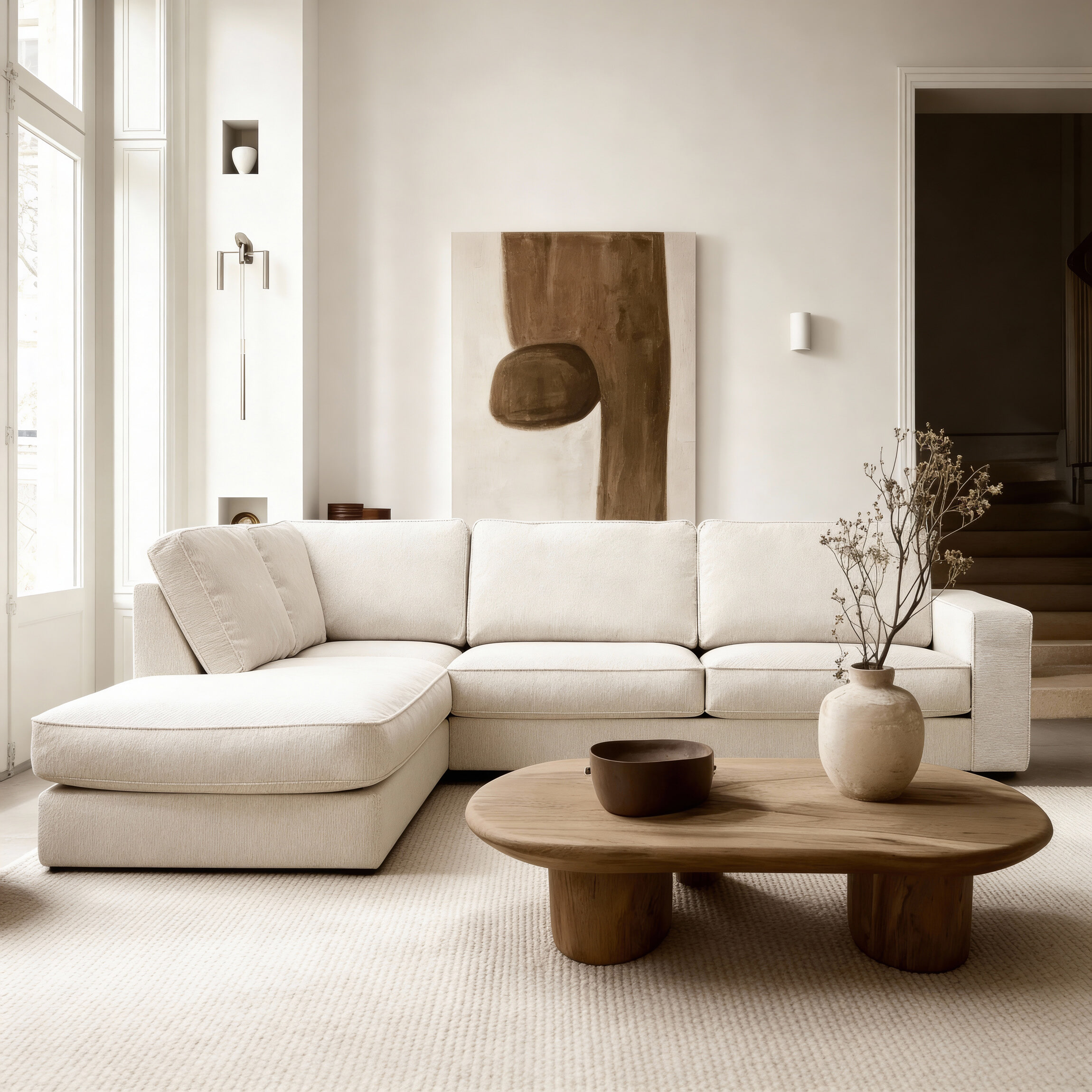 BASE 3-zits Hoekbank 'Seirra' 295cm, Egon stof, kleur Naturel