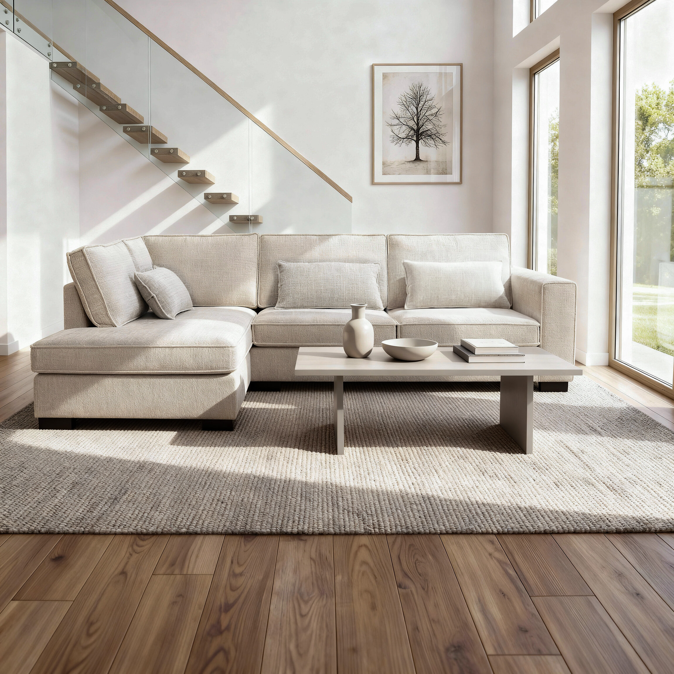 BASE 3-zits Hoekbank 'Britteny' 301cm, Cremona stof, kleur Beige