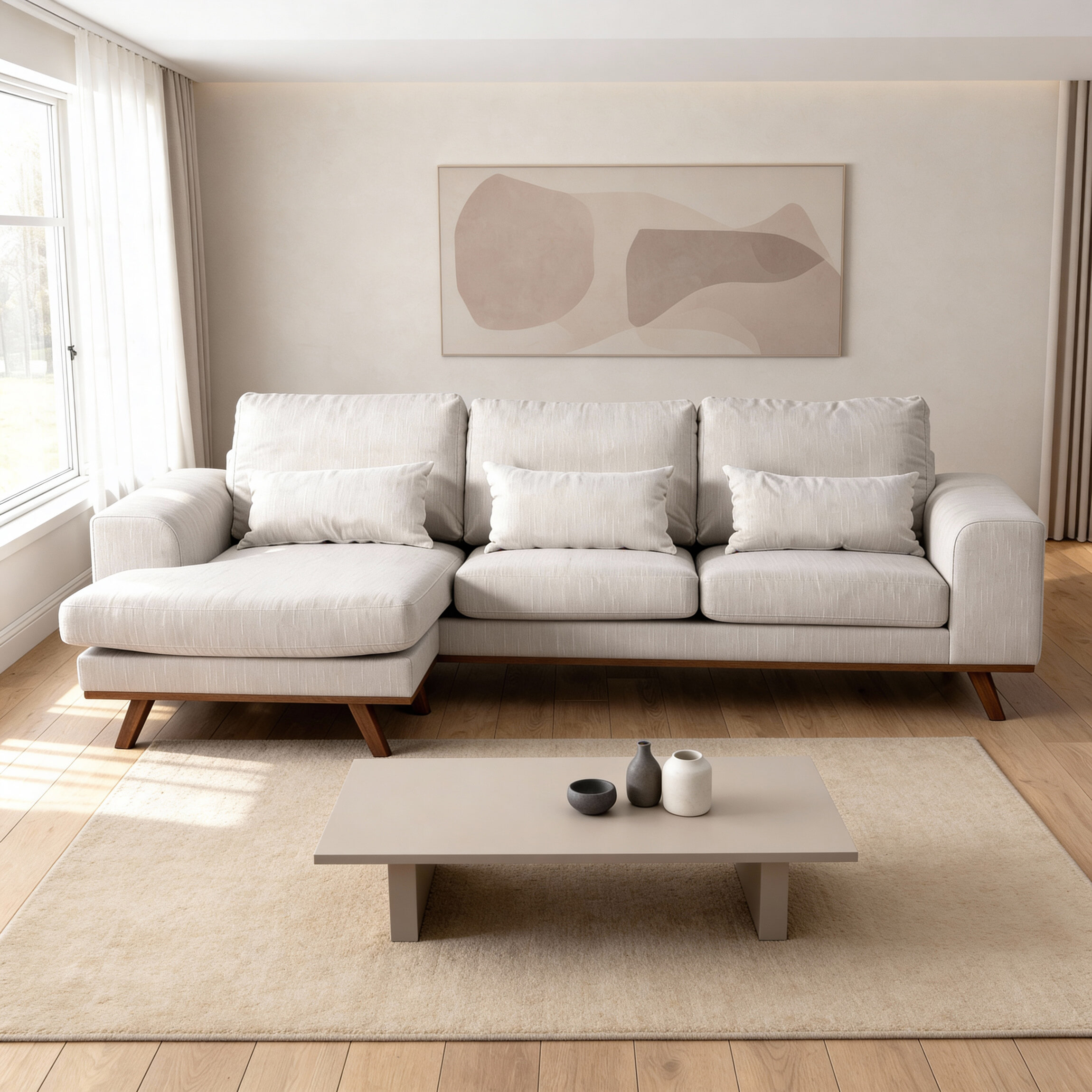 BASE 3-zits Loungebank 'Kirstan' Links/Rechts, 222cm, Grande stof, kleur Beige