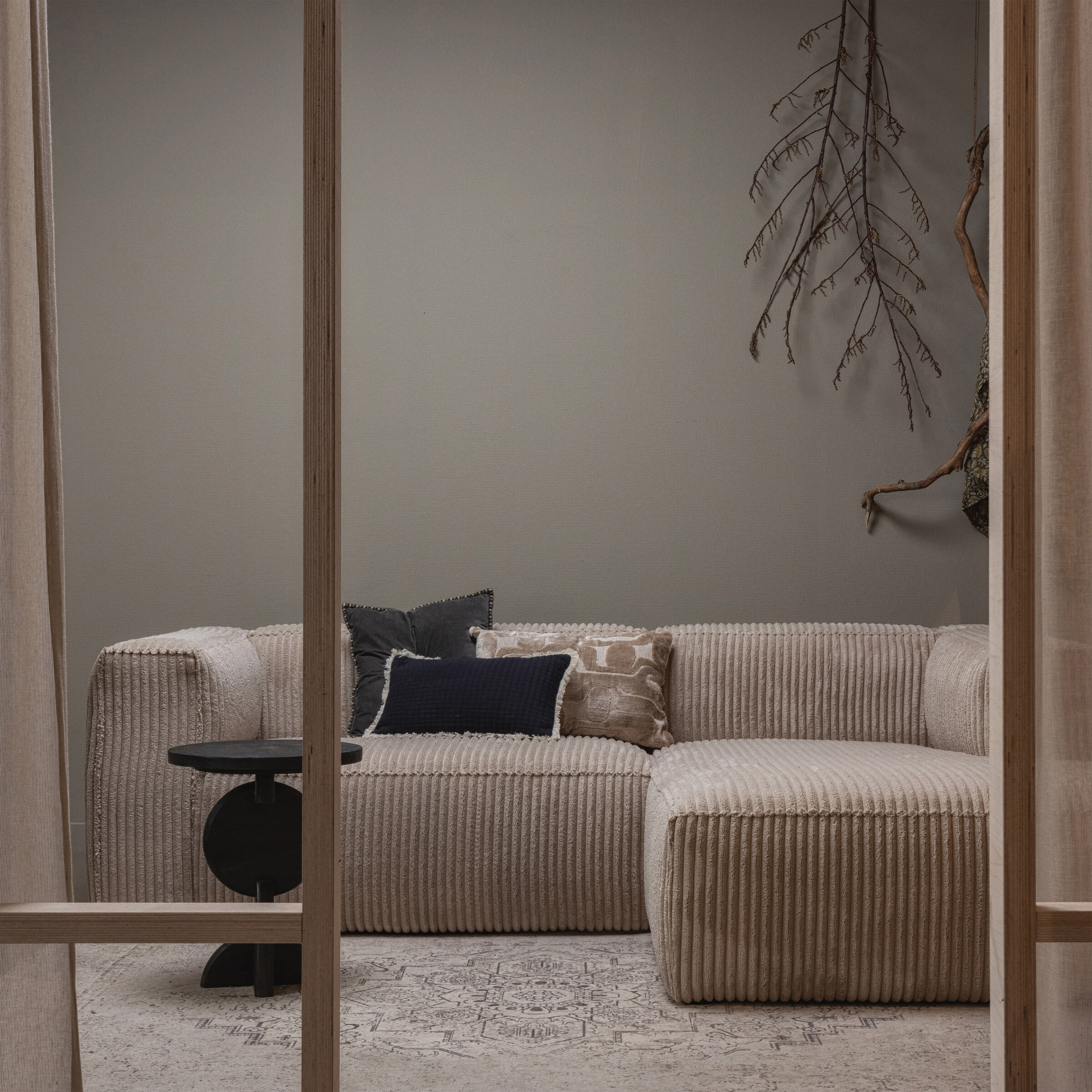 WOOOD Loungebank 'Bean' Rechts, Grove Ribstof, kleur Travertin