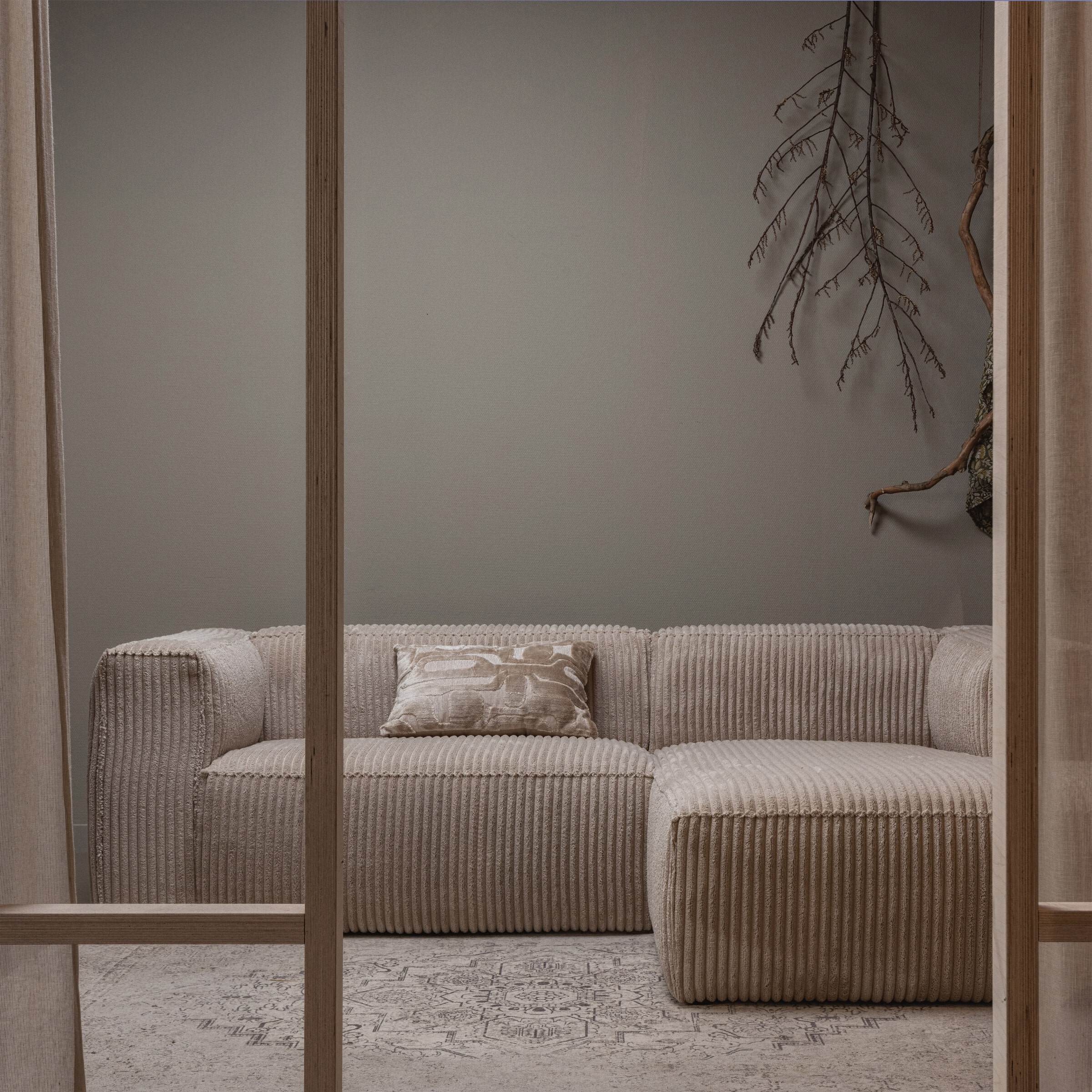 WOOOD Loungebank 'Bean' Rechts, Grove Ribstof, kleur Travertin