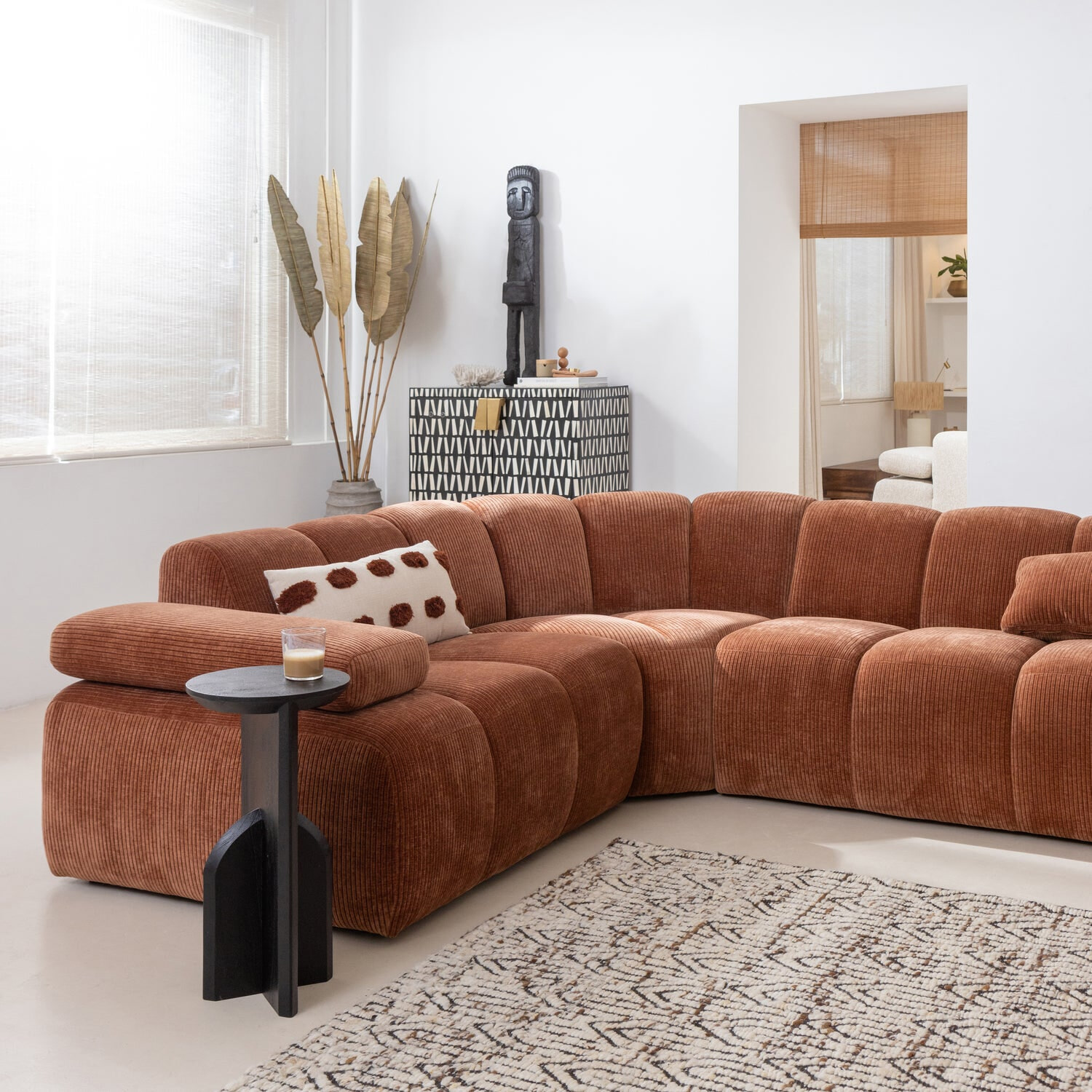 WOOOD Hoekbank 'Mojo' Links, 310cm, Geweven Rib, kleur Roestbruin