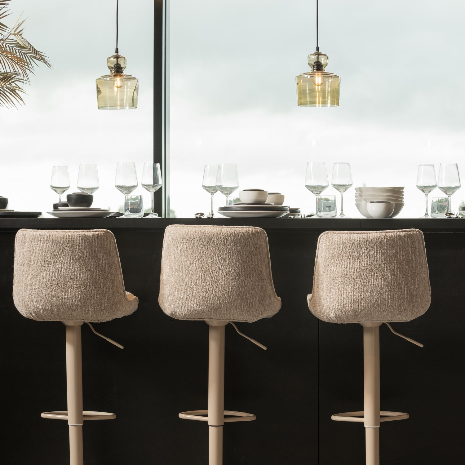 WOOOD Verstelbare Barkruk 'Marten' Geweven stof, kleur Zand (zithoogte 65-88cm)