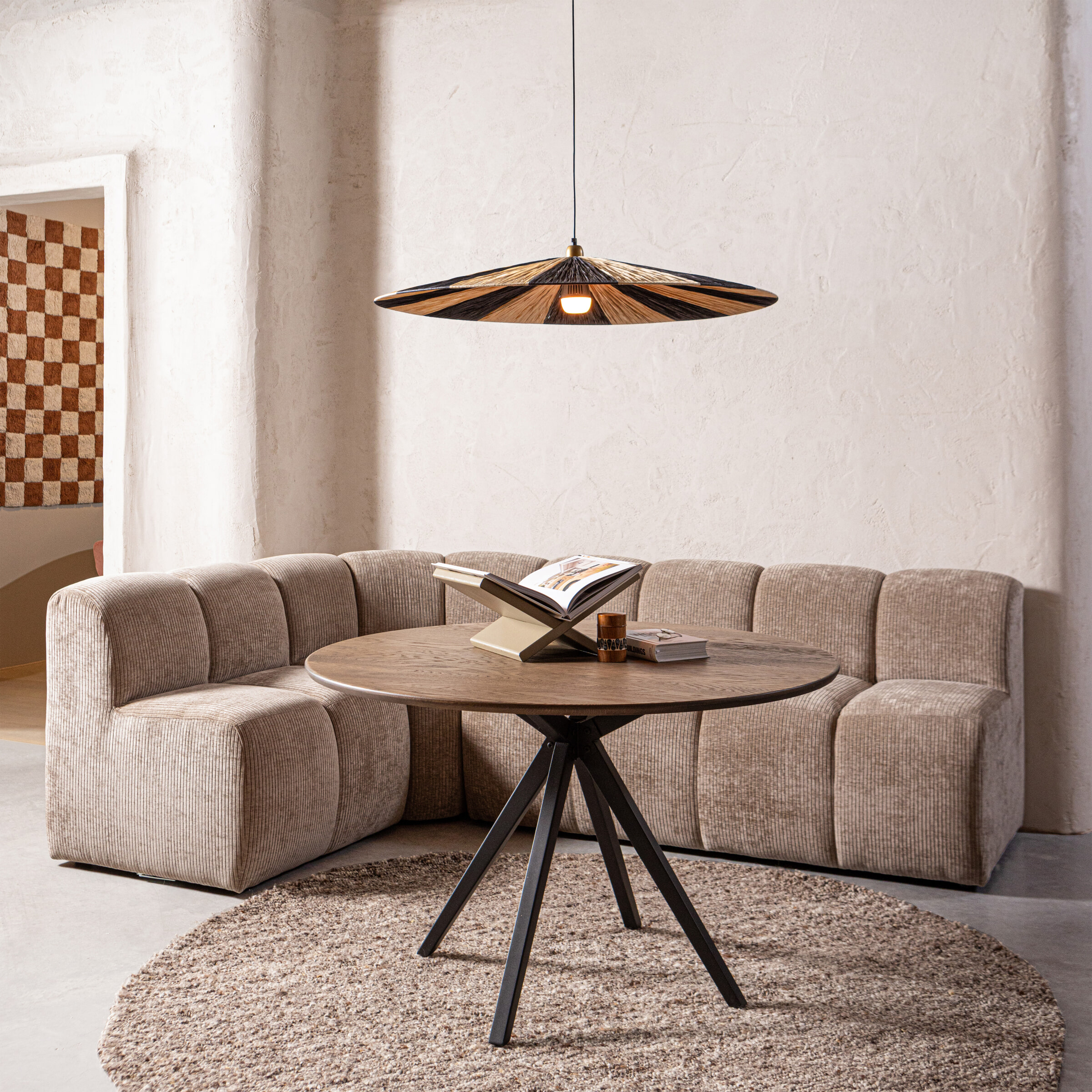 WOOOD Eetkamerbank 'Mojo' Geweven Rib, Hoek, kleur Donker Zand