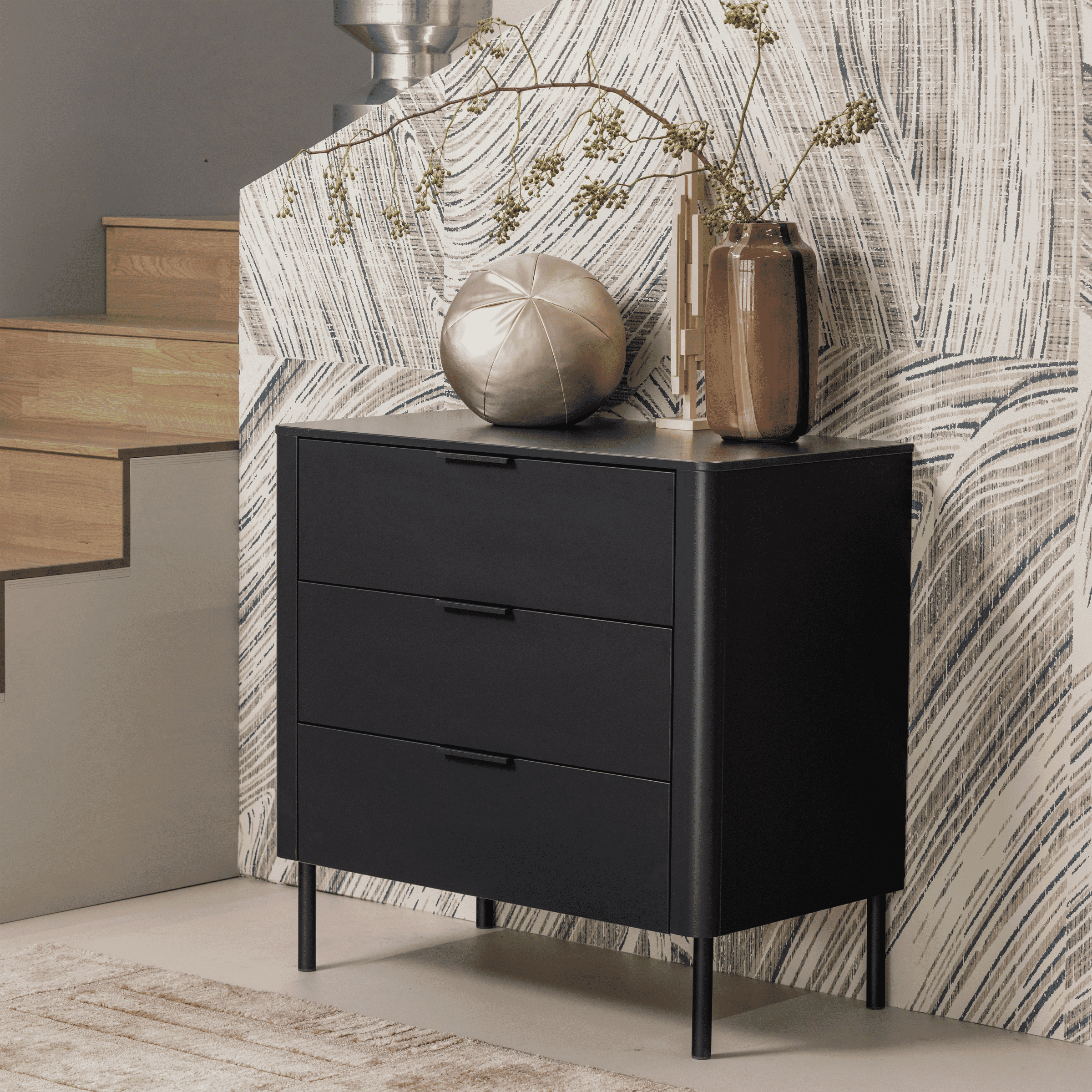 WOOOD Ladekast 'Gunnar' Grenenhout, Met 3 laden, kleur Mat Zwart