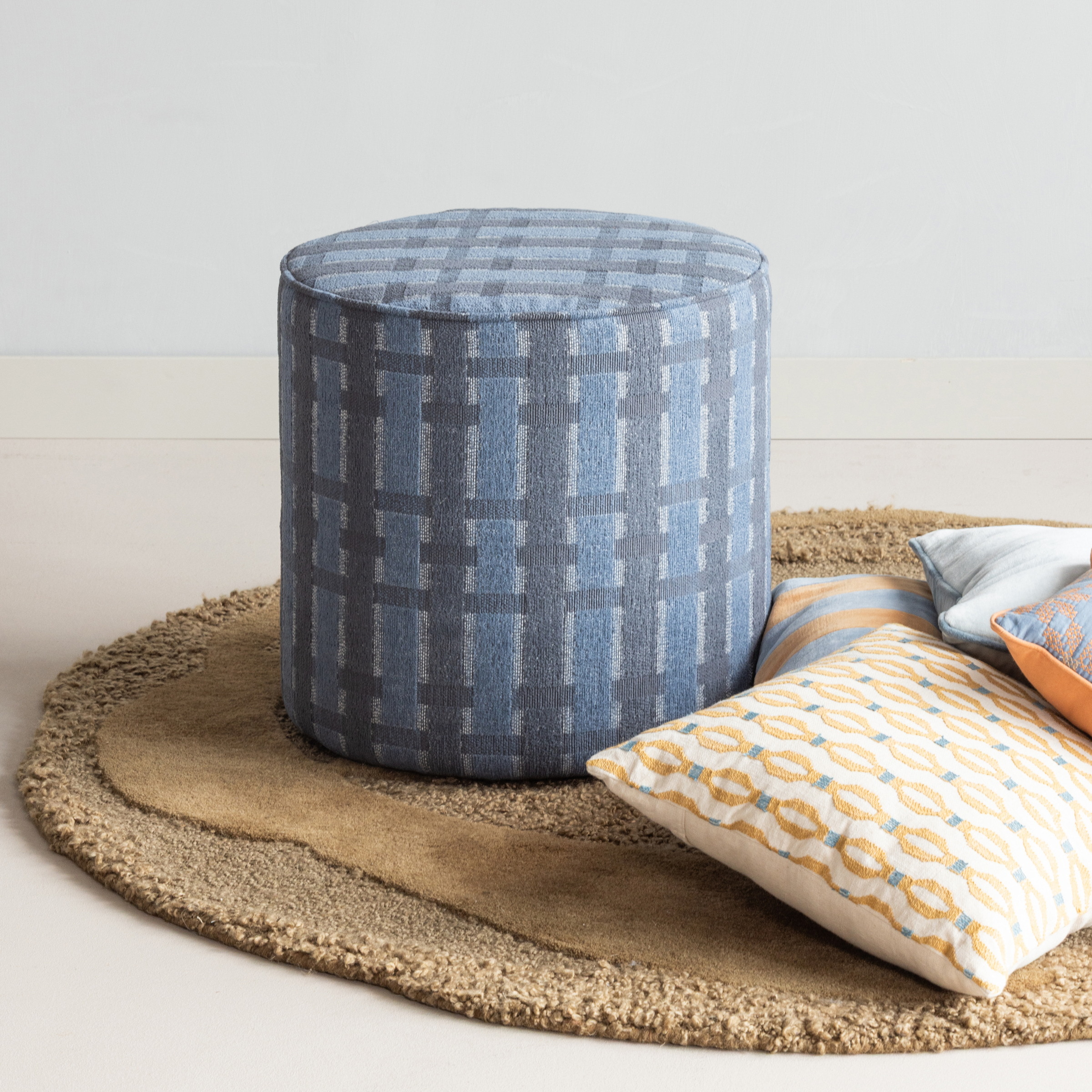 WOOOD Poef Sarli Chenille, Ø46cm - Grijs/Blauw