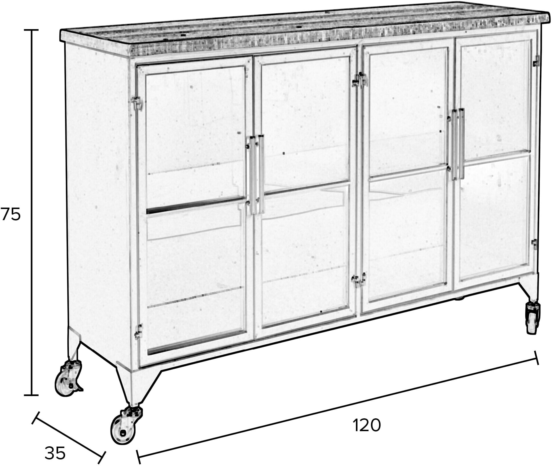 ZILT Industrieel Dressoir 'Bony' Op wieltjes, Metaaal en glas, 120cm, kleur zwart