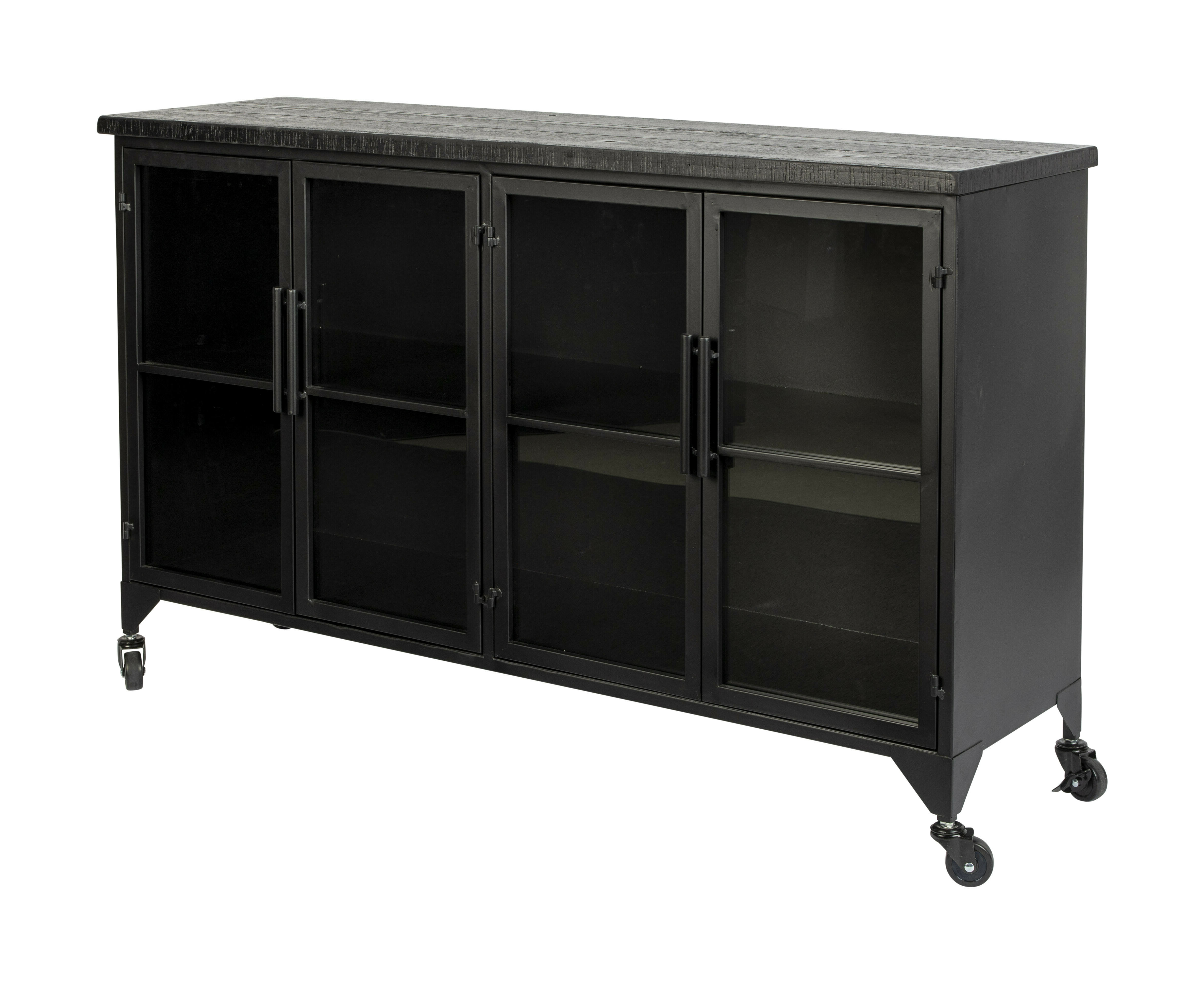 ZILT Industrieel Dressoir 'Bony' Op wieltjes, Metaaal en glas, 120cm, kleur zwart
