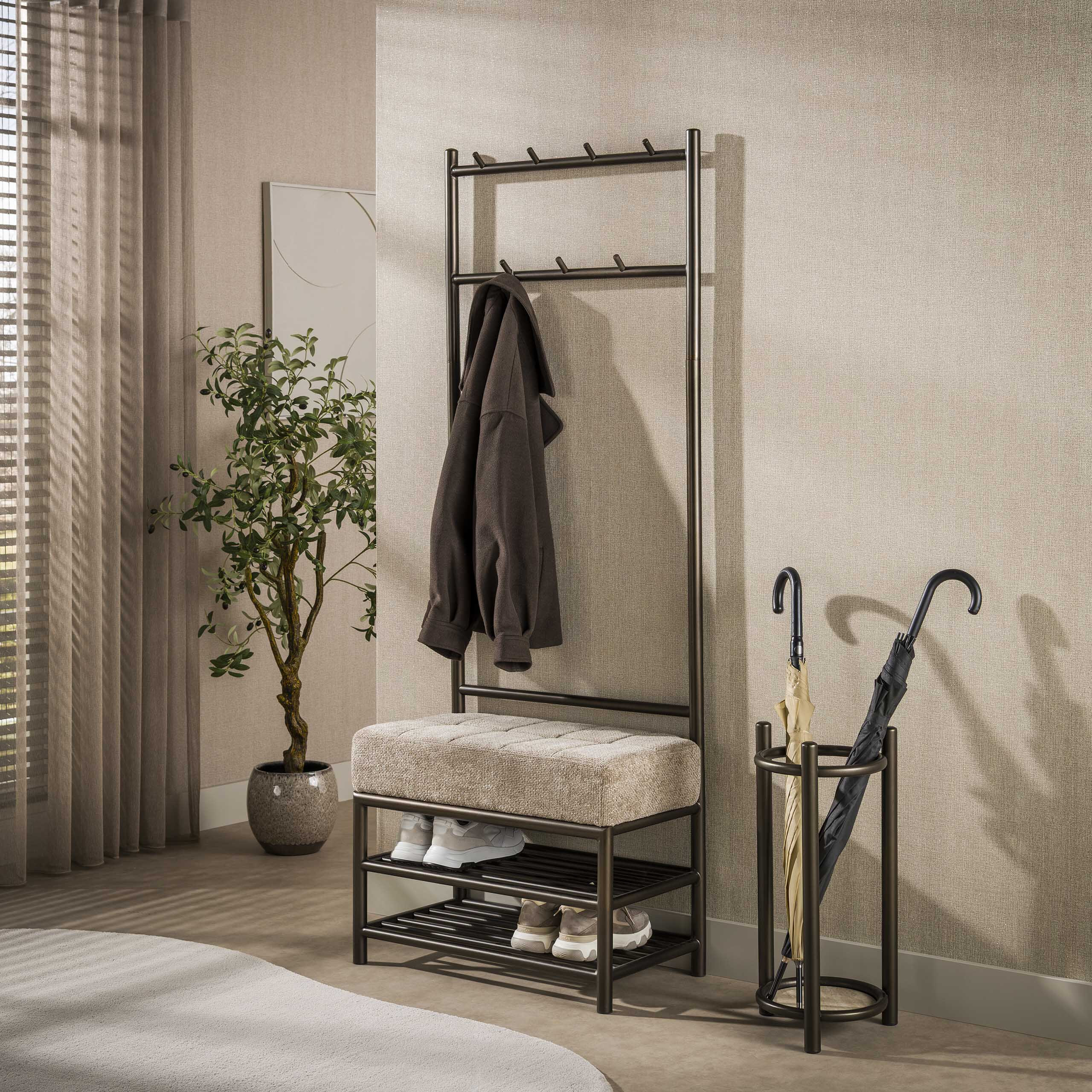 LifestyleFurn Kapstok Karalynn Met bankje en 7 haken - Bruin