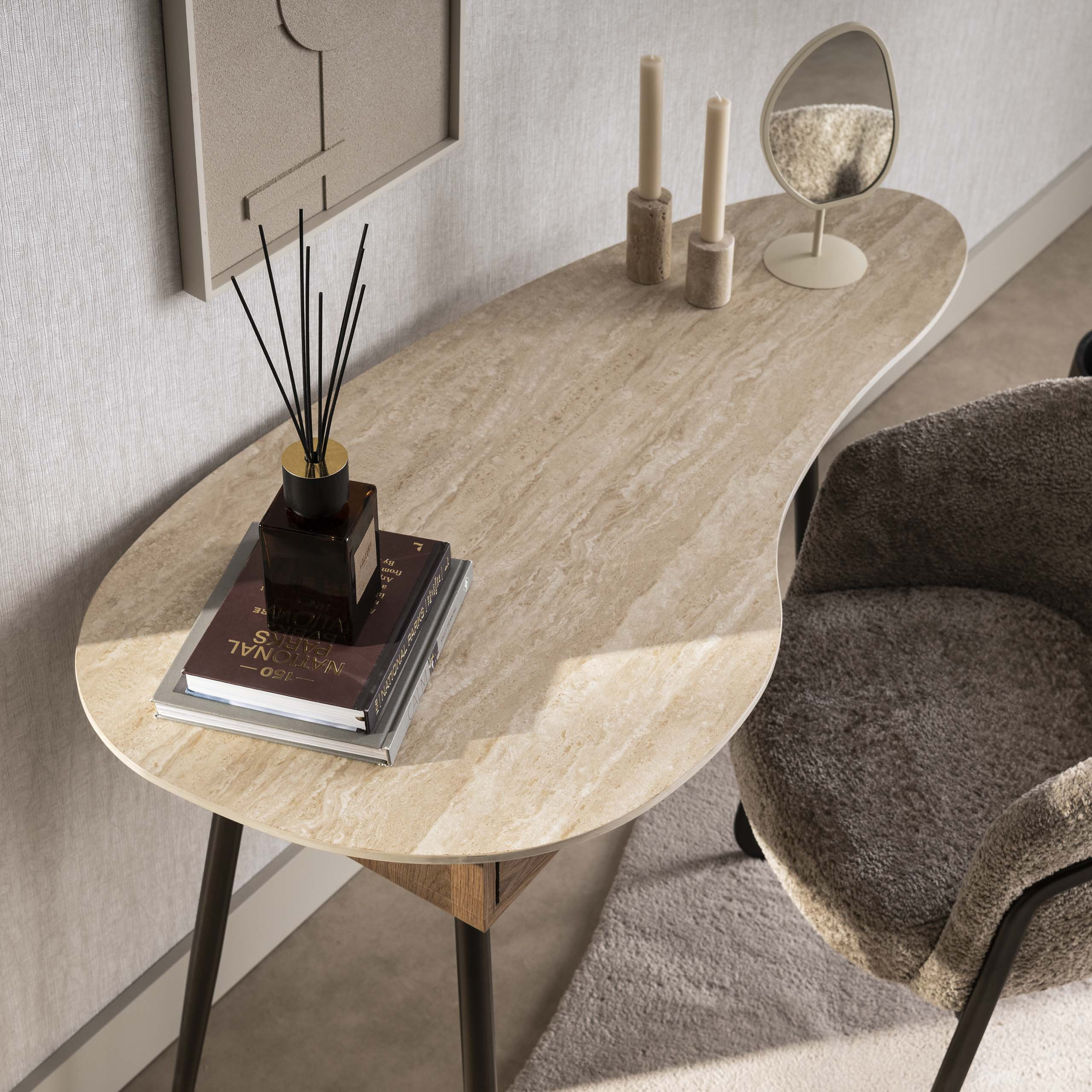 LifestyleFurn Bureau/Kaptafel 'Jaems' Travertin- en eikenlook, 127 x 62cm