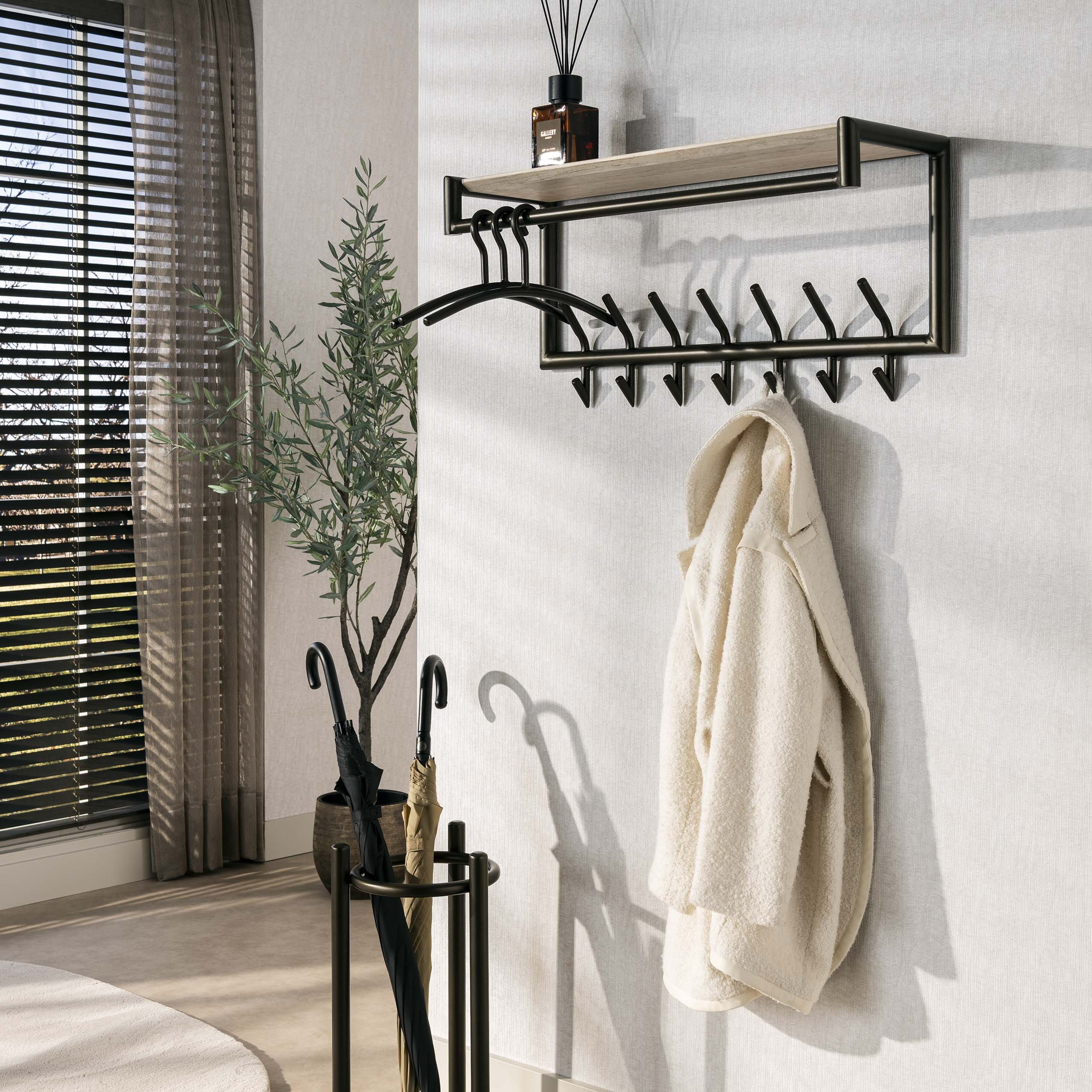 LifestyleFurn Kapstok Markita Staal en travertinlook, Met 2x 7 haken en hoedenplank - Drift Brown