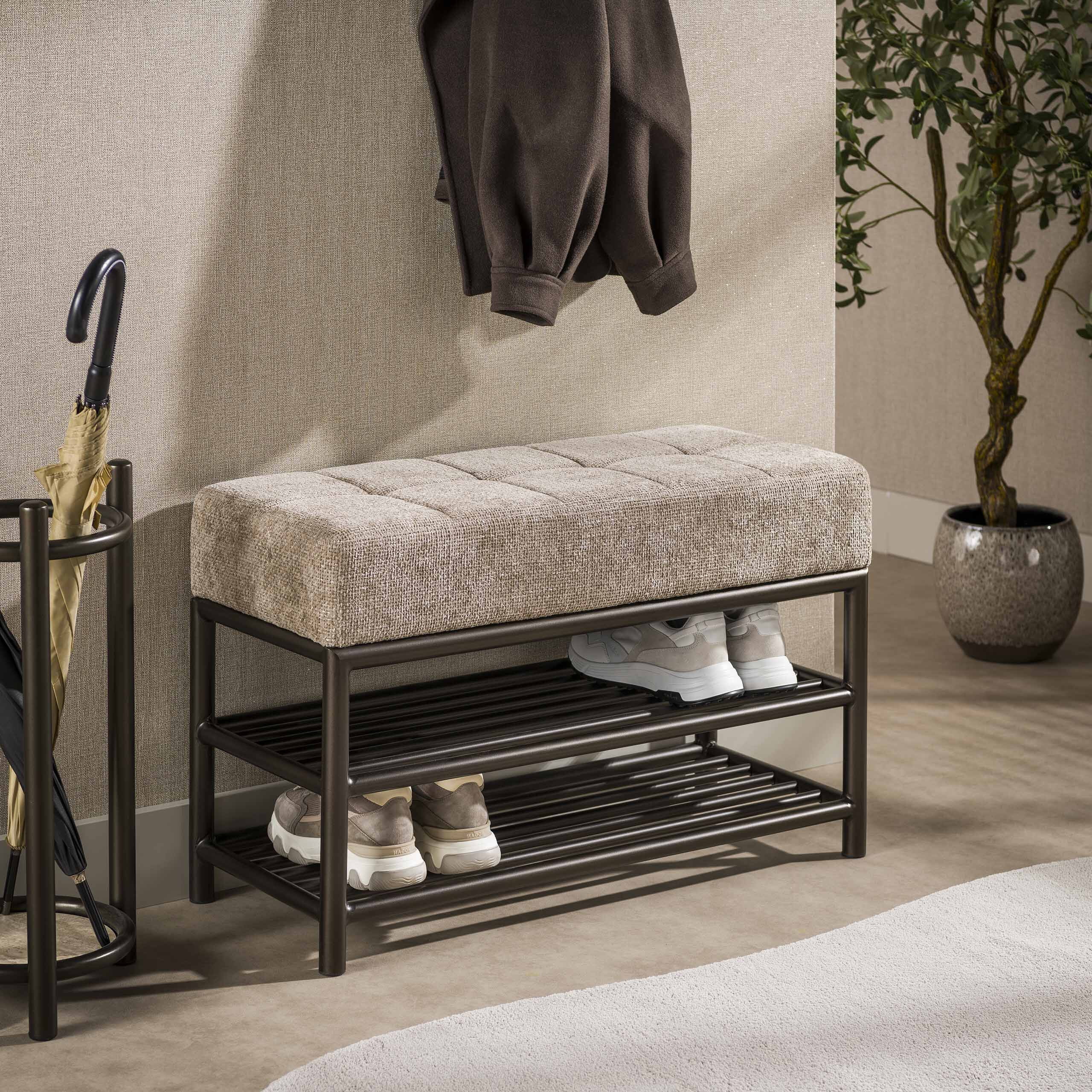 LifestyleFurn Halbankje Markita met schoenenrek, 85cm, metaal - Brons
