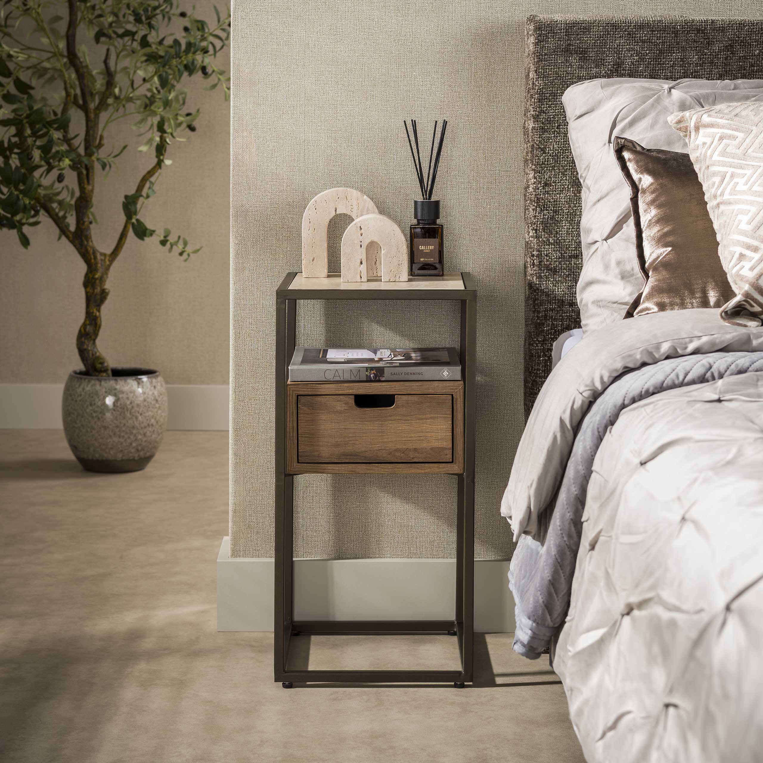 LifestyleFurn Nachtkastje 'Nikka' Eikenlook en travertinlook, Met 1 lade