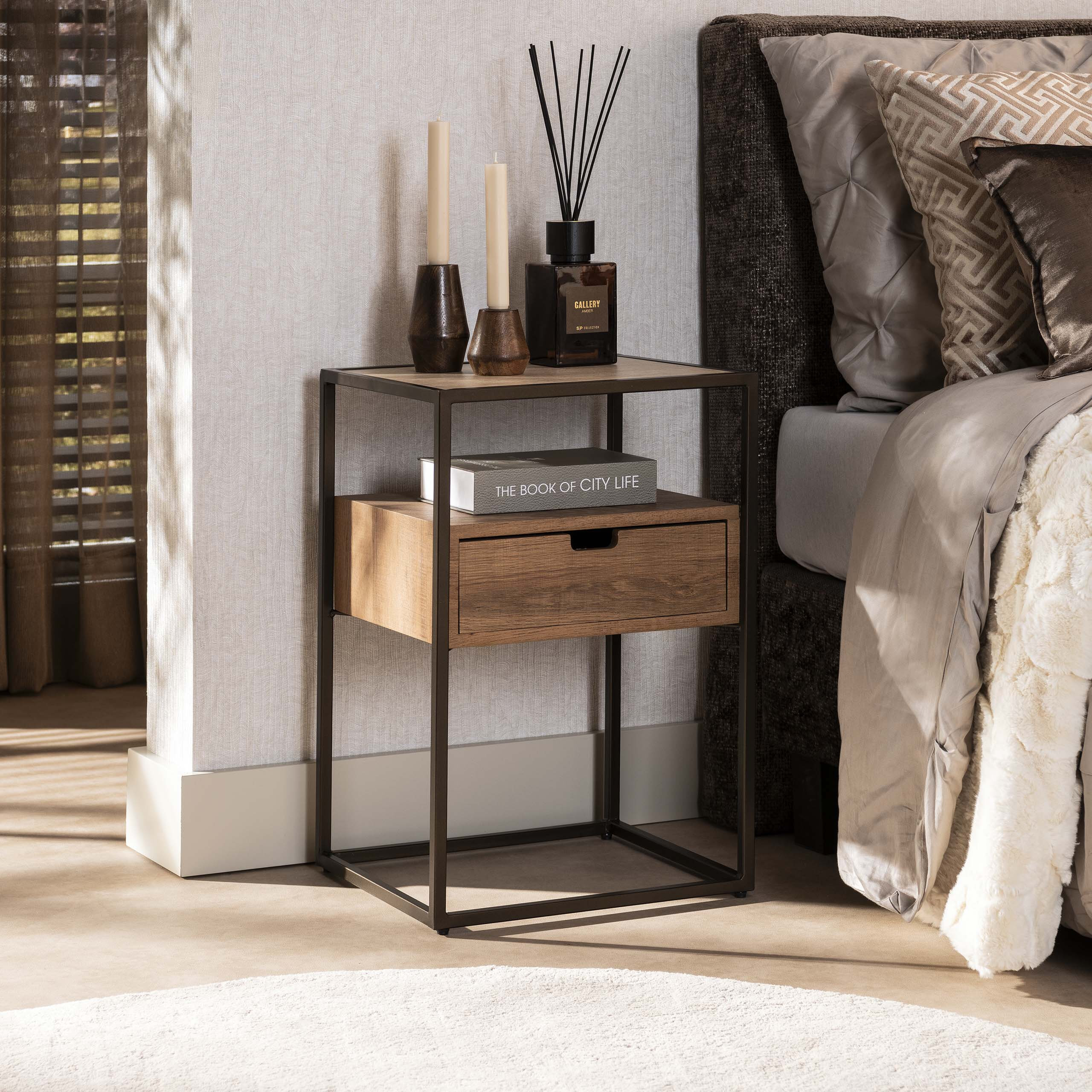 LifestyleFurn Nachtkastje Thom Travertin- en eikenlook, Met 1 lade - Bruin