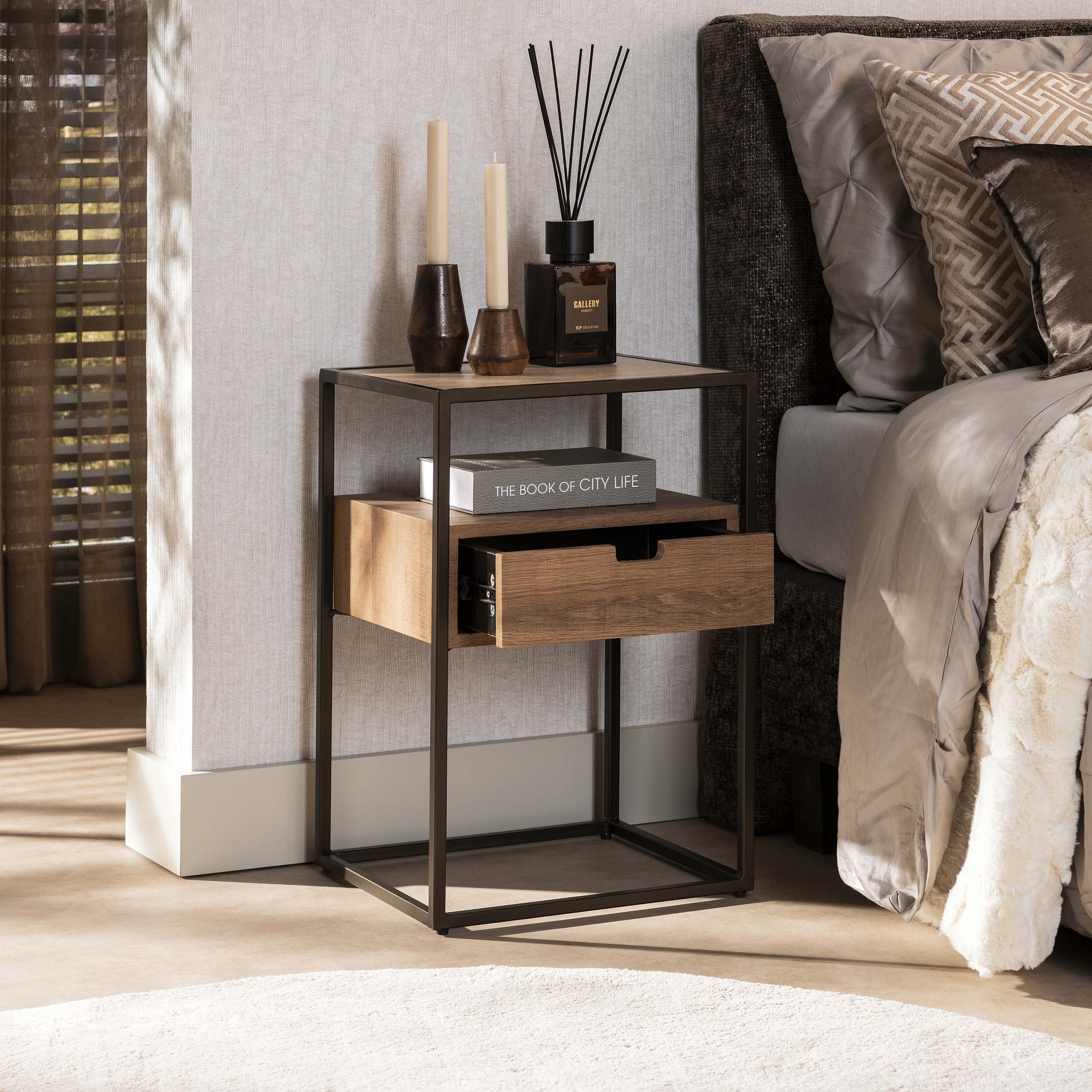 LifestyleFurn Nachtkastje 'Thom' Travertin- en eikenlook, Met 1 lade